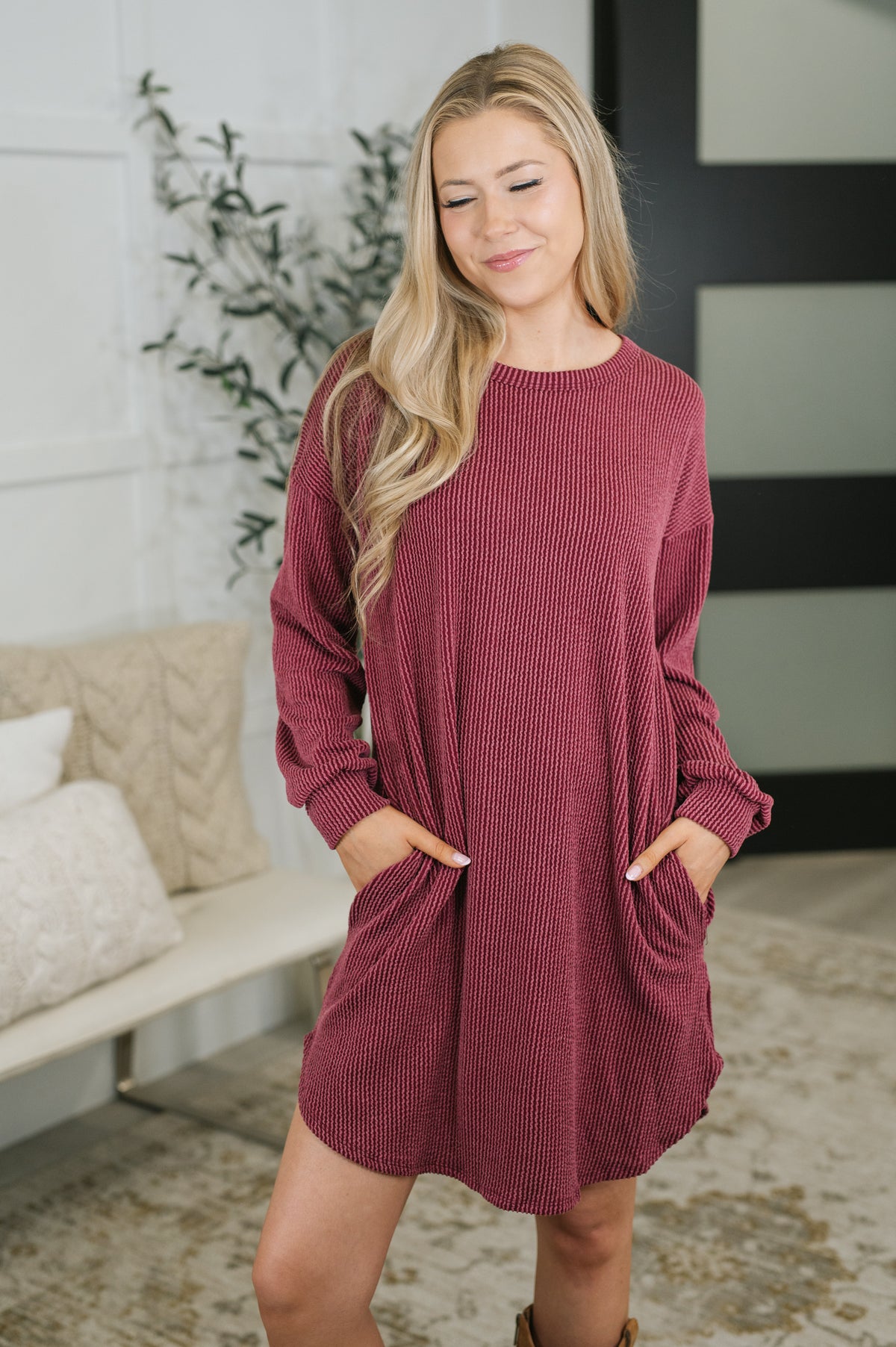 Love to Love You Textured Knit Dress in Burgundy - 10/13/2026