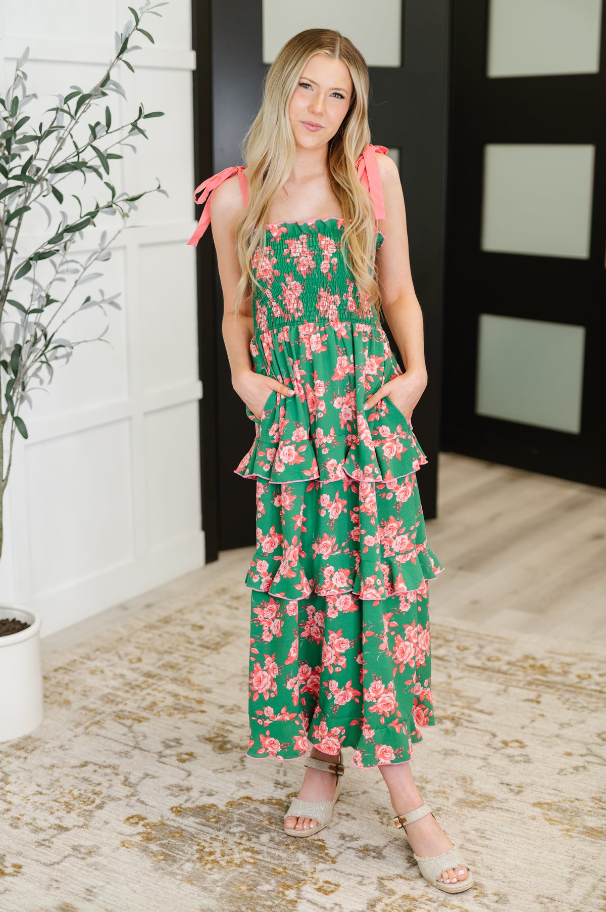 Low Effort, High Impact Tiered Dress in Green/Coral - 6/20/2025