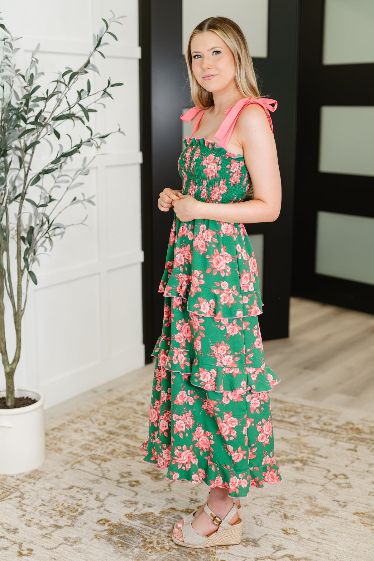 Low Effort, High Impact Tiered Dress in Green/Coral - 6/20/2025