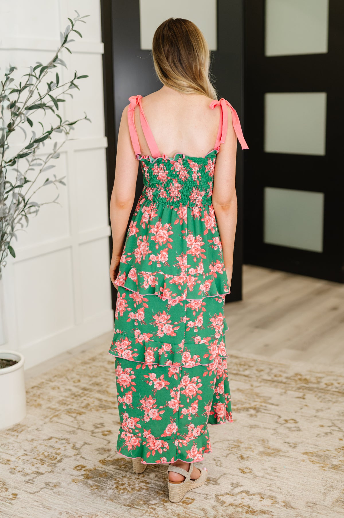 Low Effort, High Impact Tiered Dress in Green/Coral - 6/20/2025