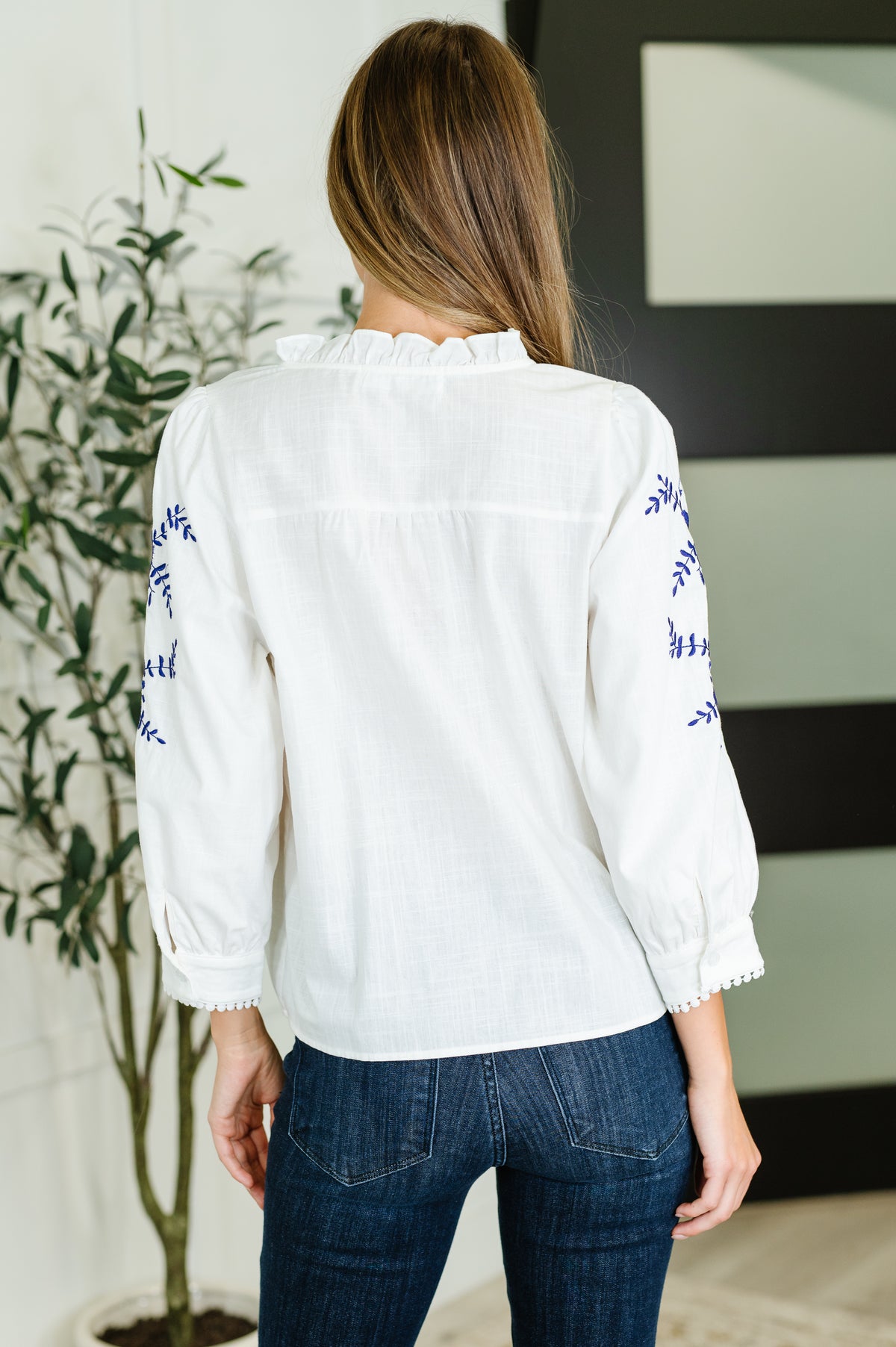 PREORDER: Machine Embroidered Details Ruffle Neck Blouse - Ships in 4 weeks