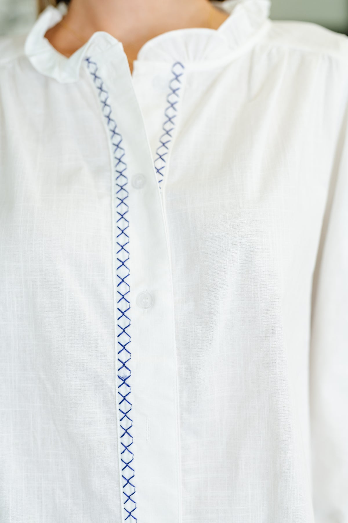 PREORDER: Machine Embroidered Details Ruffle Neck Blouse - Ships in 4 weeks