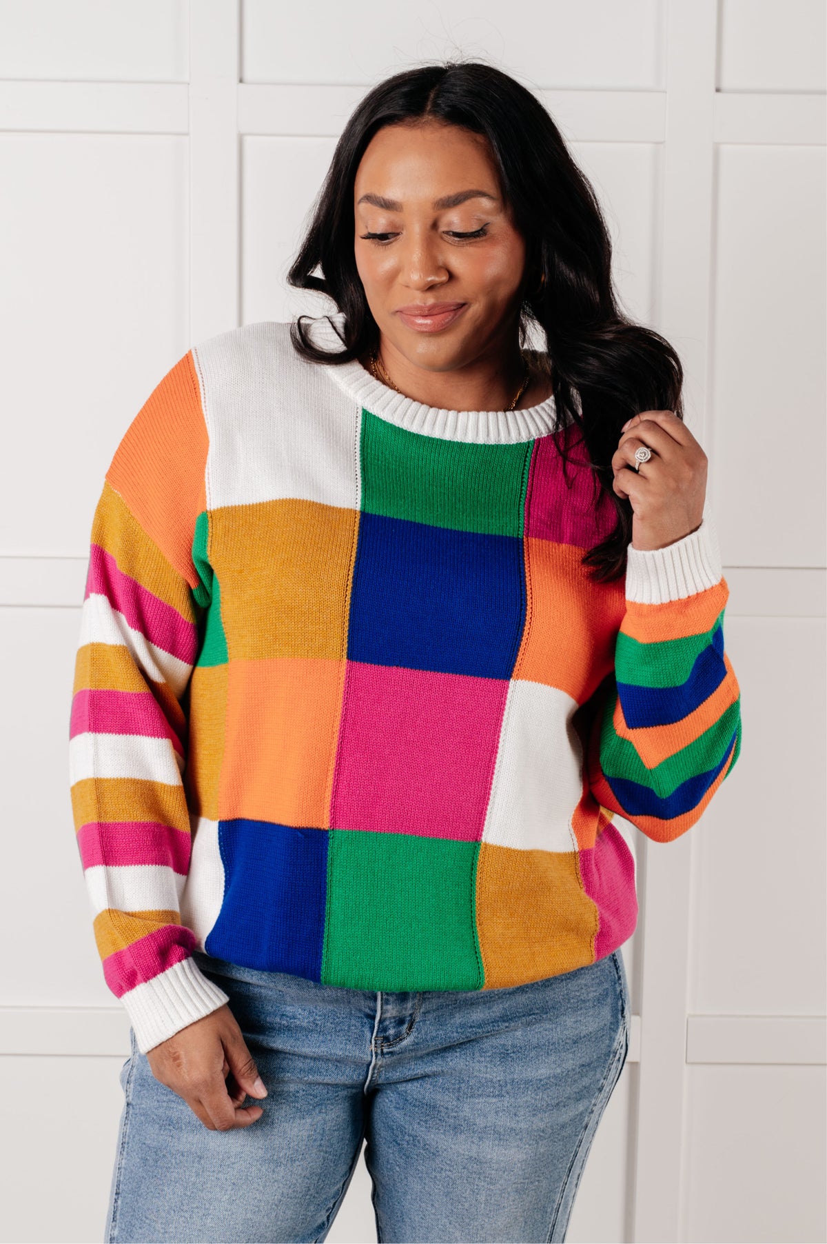 Manifesting Moment Checkered Color Block Sweater - 1/28/2025