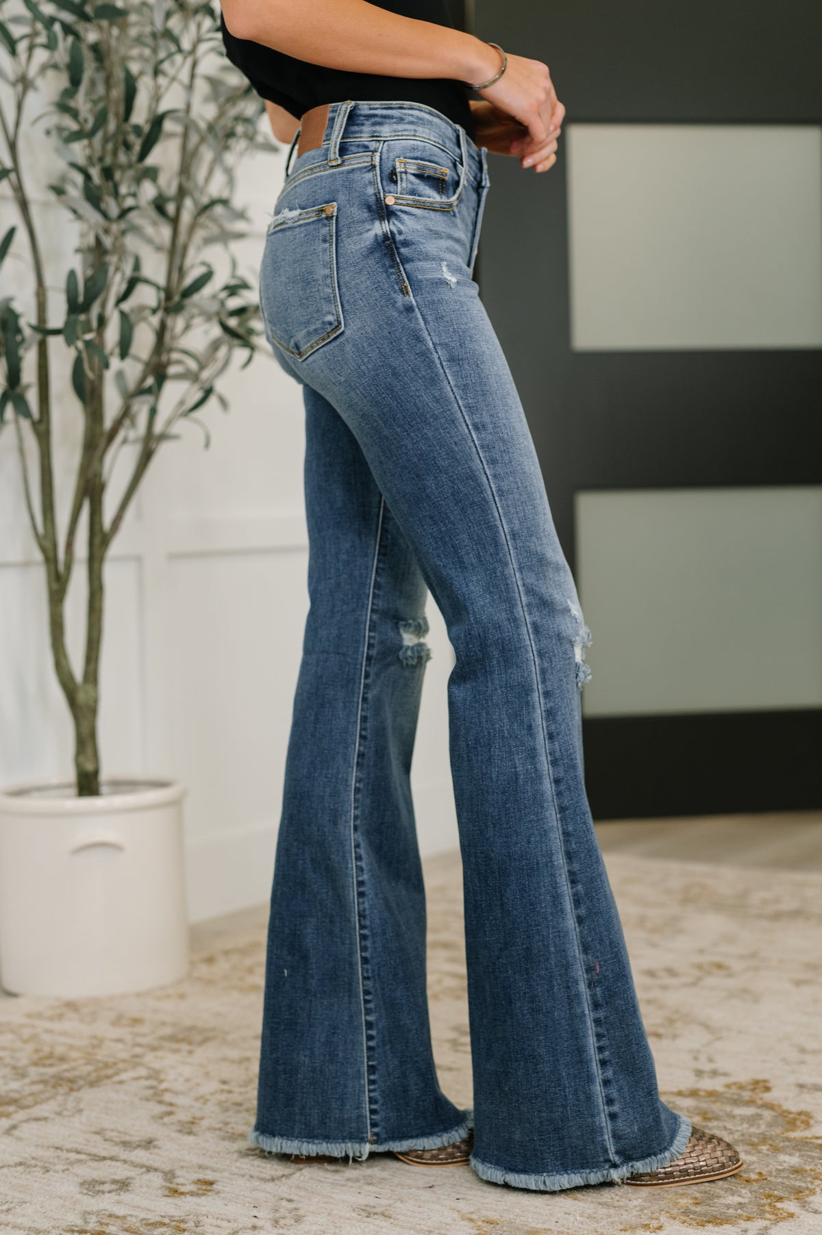 Marion Mid Rise Button Fly Flare with Destroy Fray Hem - 10/22/2025