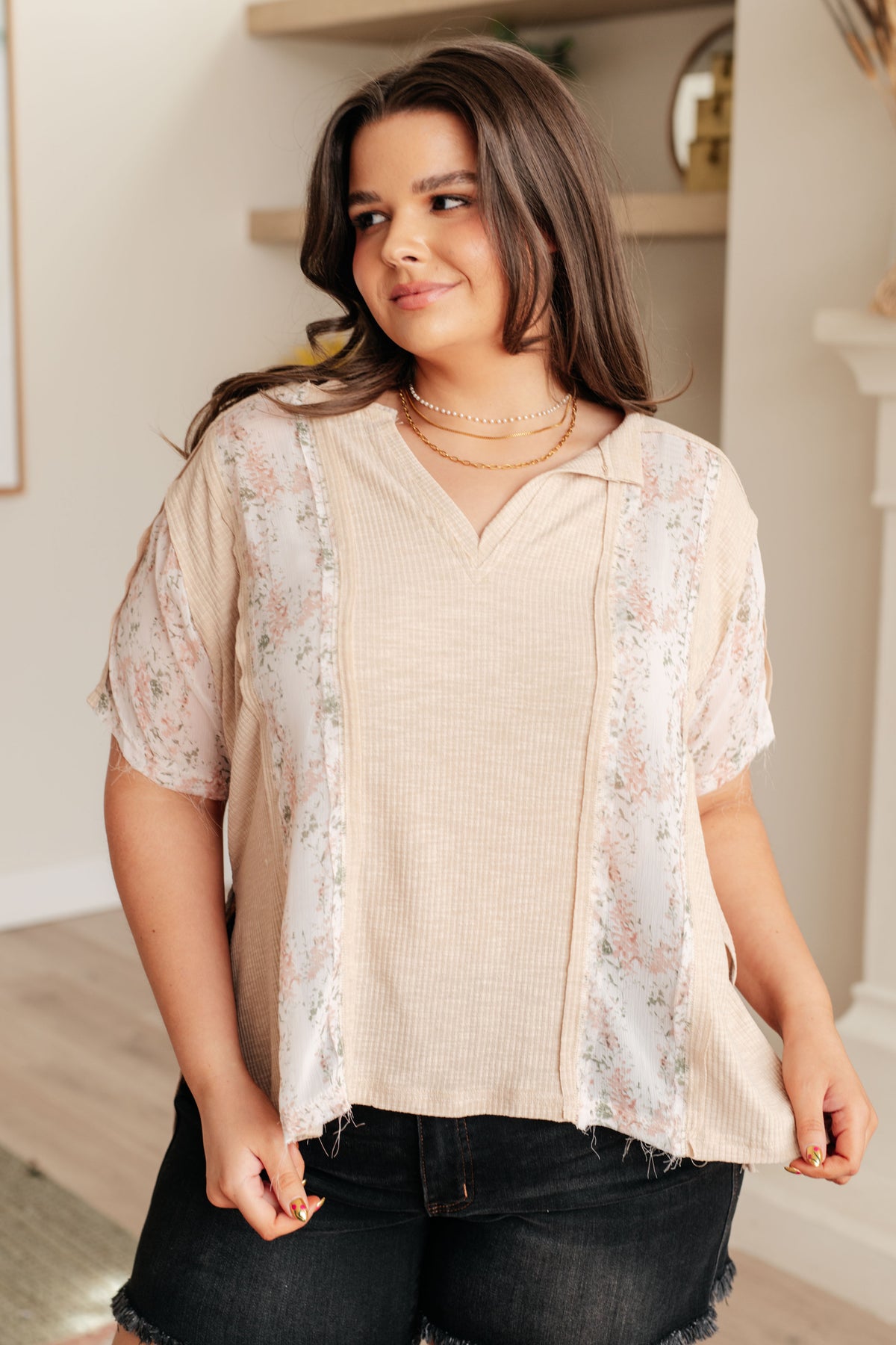 Mention Me Floral Accent Top in Toasted Almond - 5/2/2024