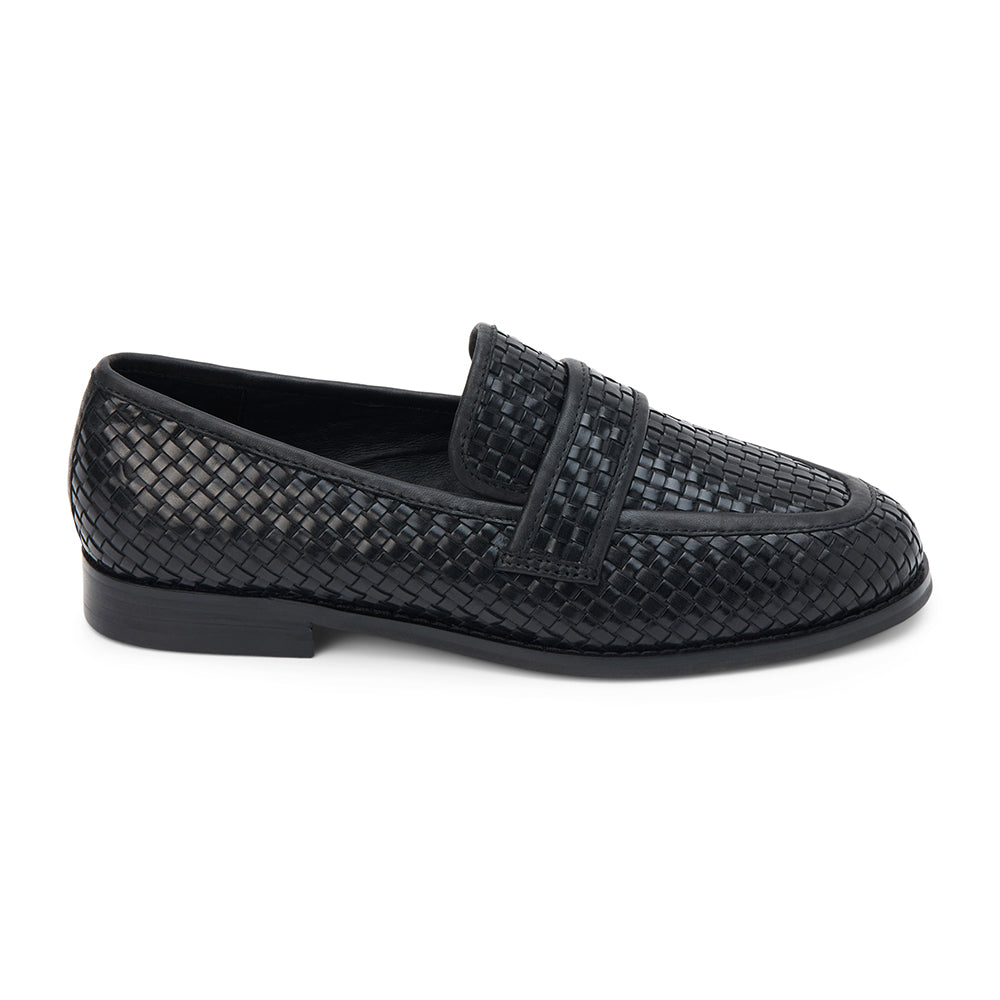 Ned Loafer – Matisse Footwear – Black woven leather loafer with a structured silhouette, round toe, and low stacked heel. A timeless menswear-inspired flat with artisanal texture and refined polish for everyday sophistication.