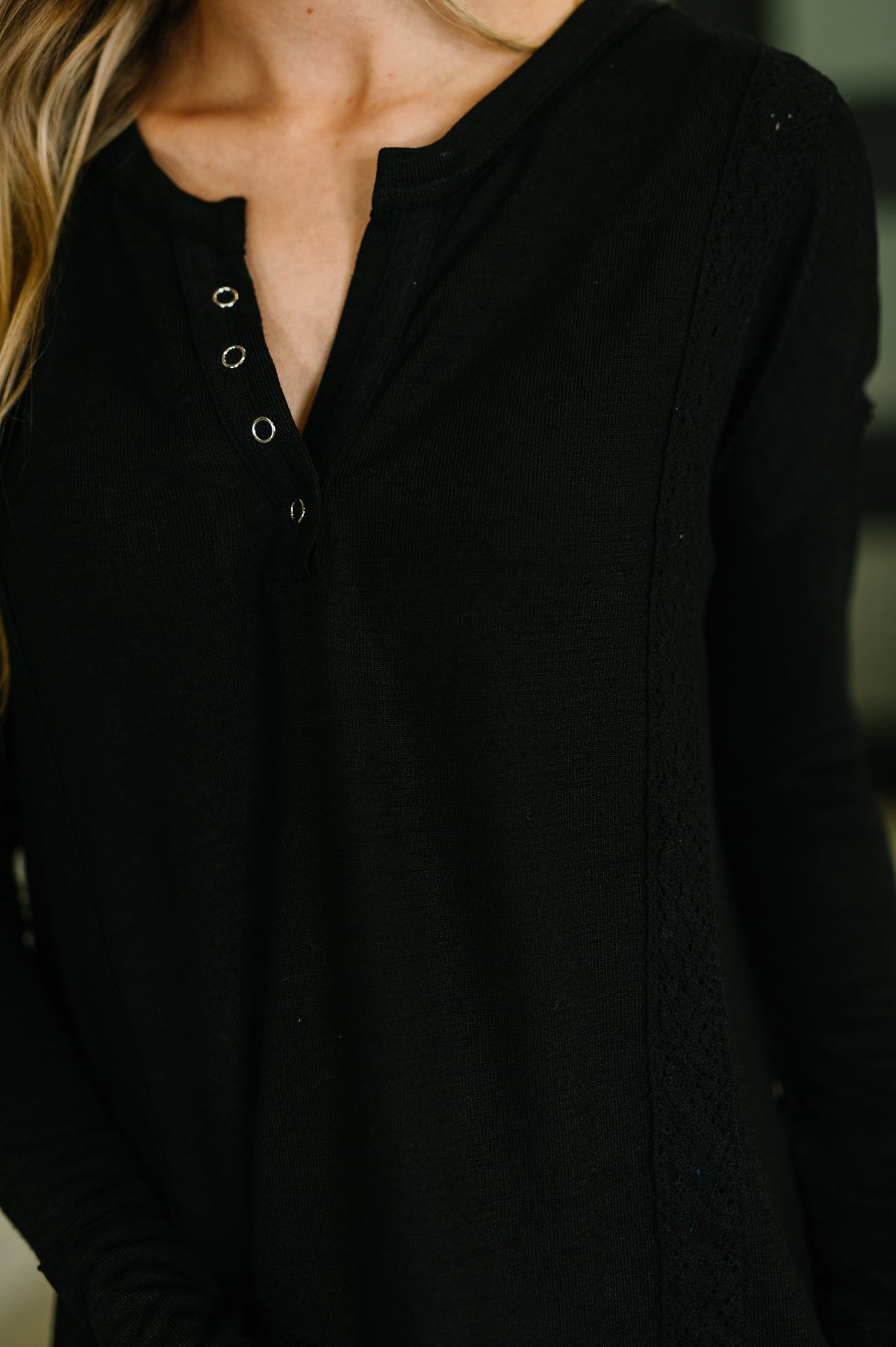 Never Been So Sure Lace Accent Henley Top in Black - 1/9/2026