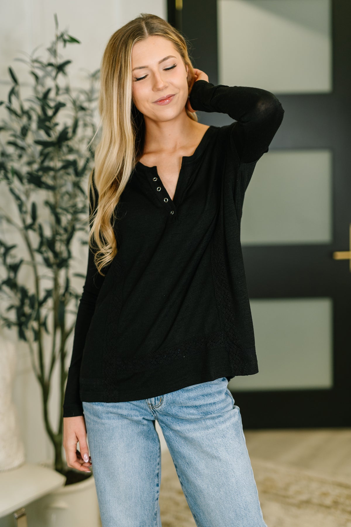 Never Been So Sure Lace Accent Henley Top in Black - 1/9/2026