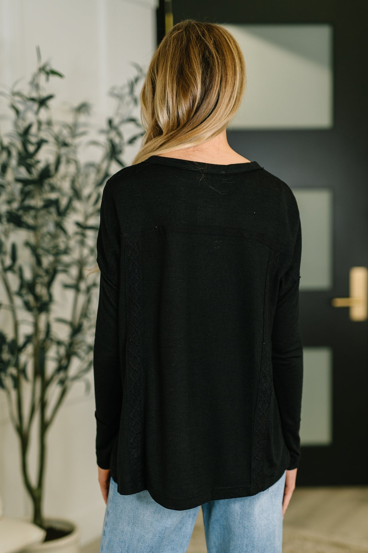 Never Been So Sure Lace Accent Henley Top in Black - 1/9/2026