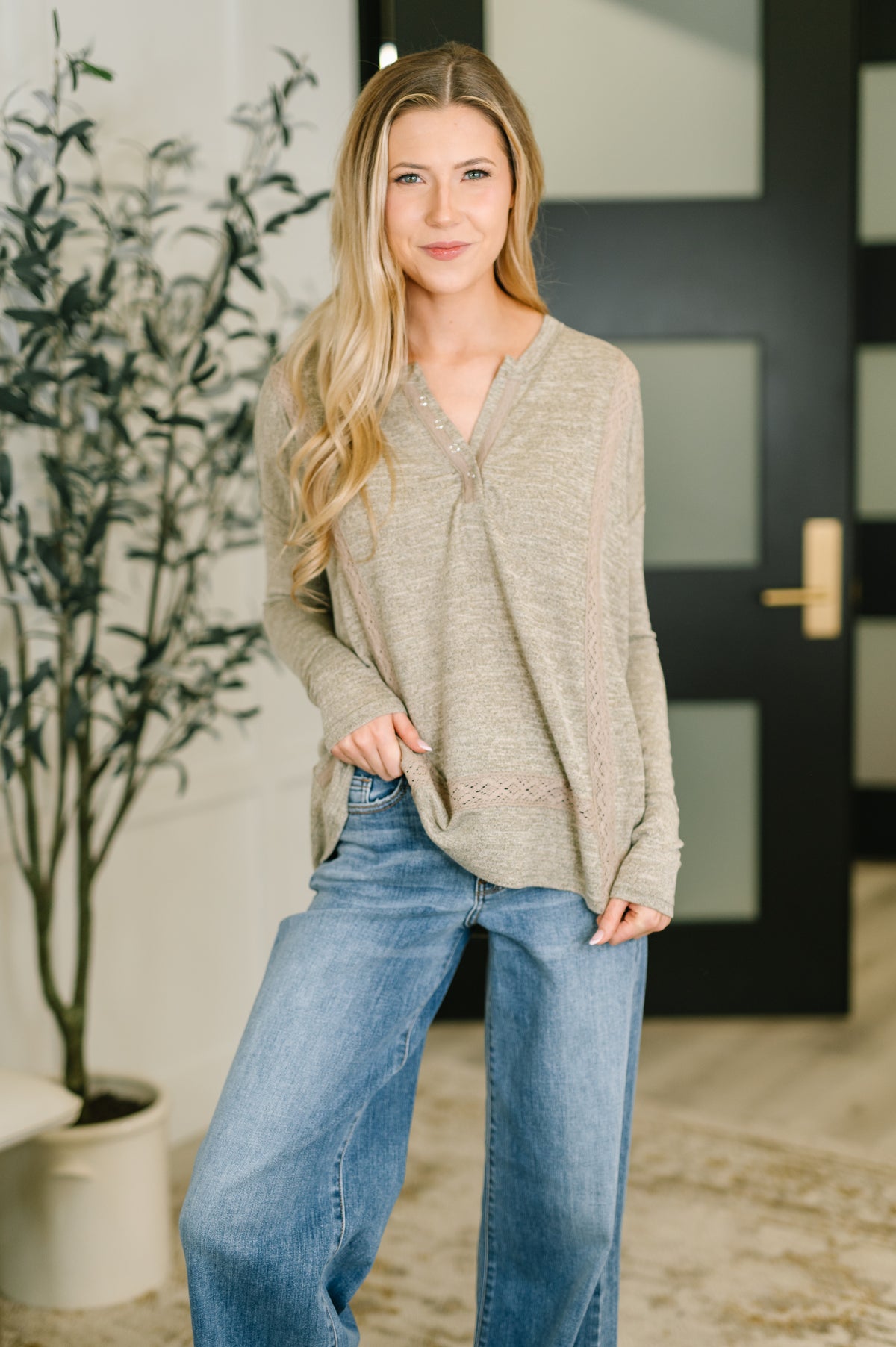 Never Been So Sure Lace Accent Henley Top in Taupe - 1/9/2026
