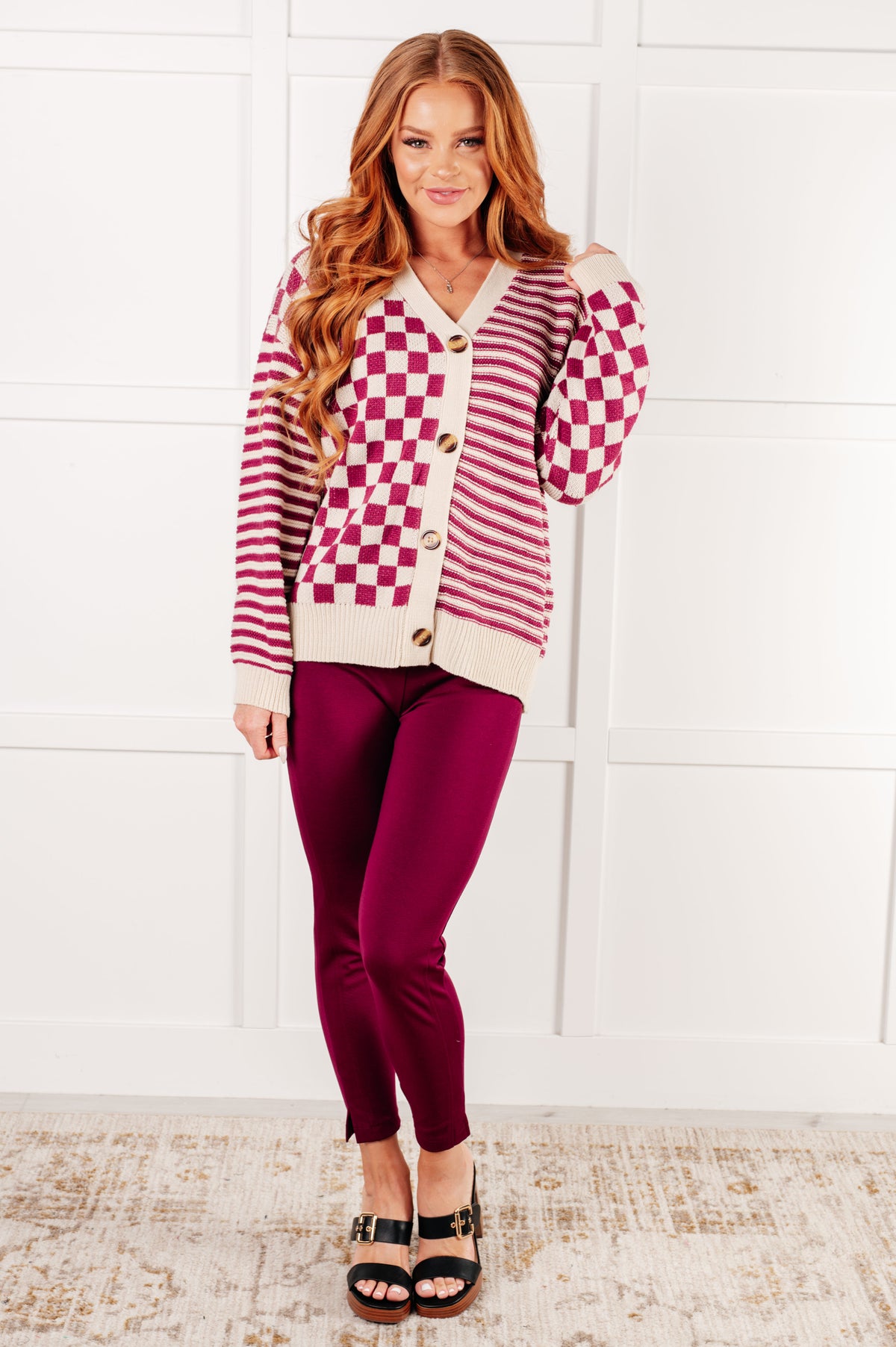 No Brainer Button Down Sweater Knit Cardigan in Magenta/Oatmeal - 1/14/2025