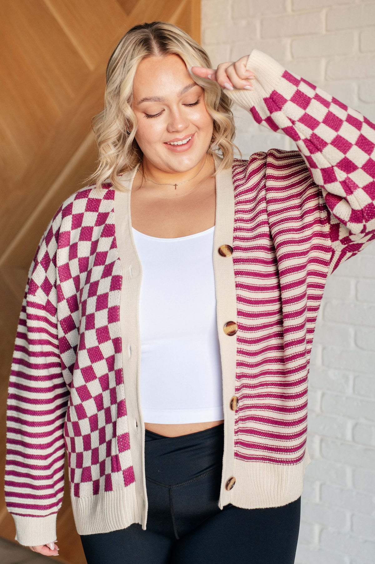 No Brainer Button Down Sweater Knit Cardigan in Magenta/Oatmeal - 1/14/2025