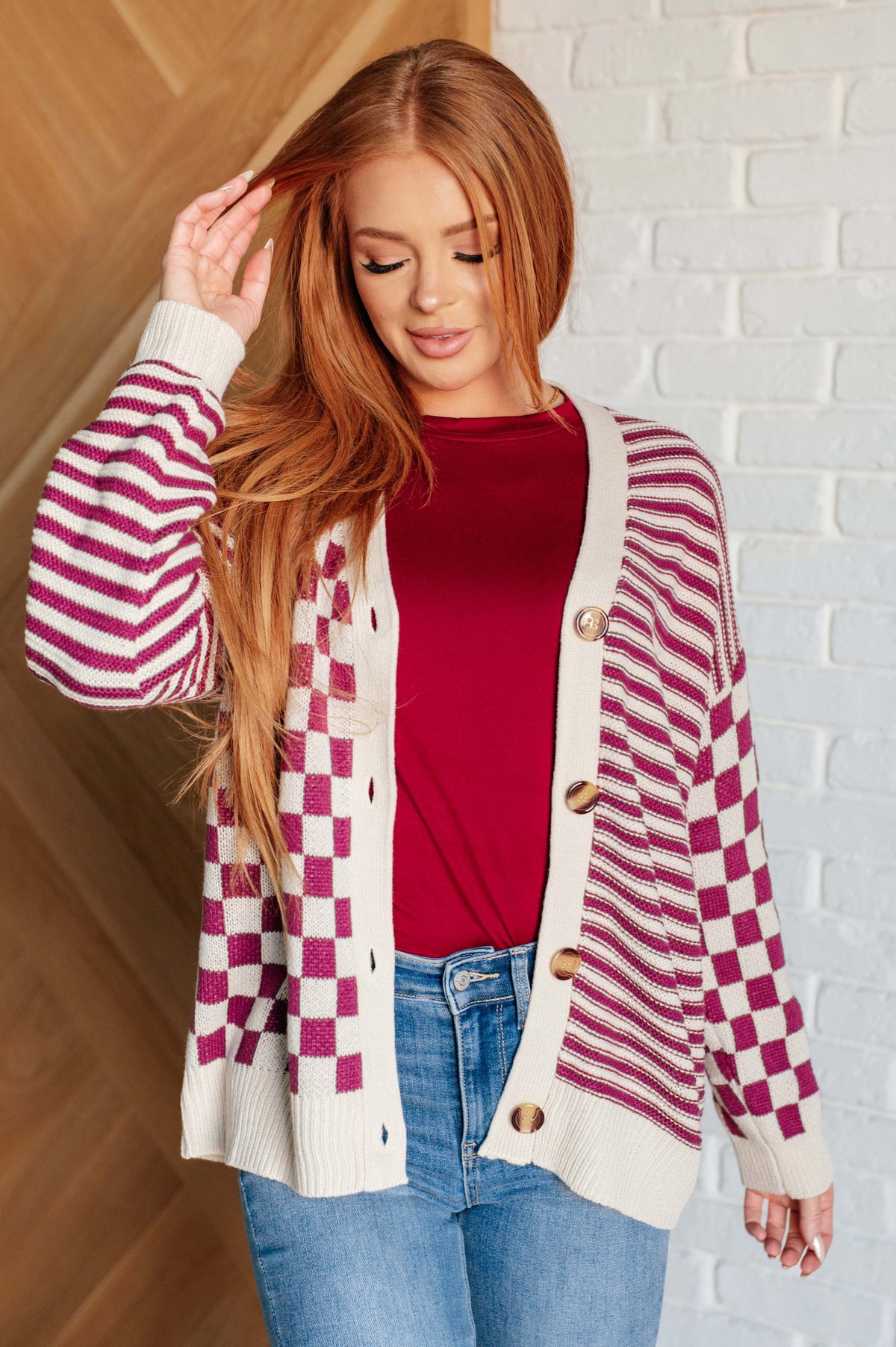 No Brainer Button Down Sweater Knit Cardigan in Magenta/Oatmeal - 12/3/2024