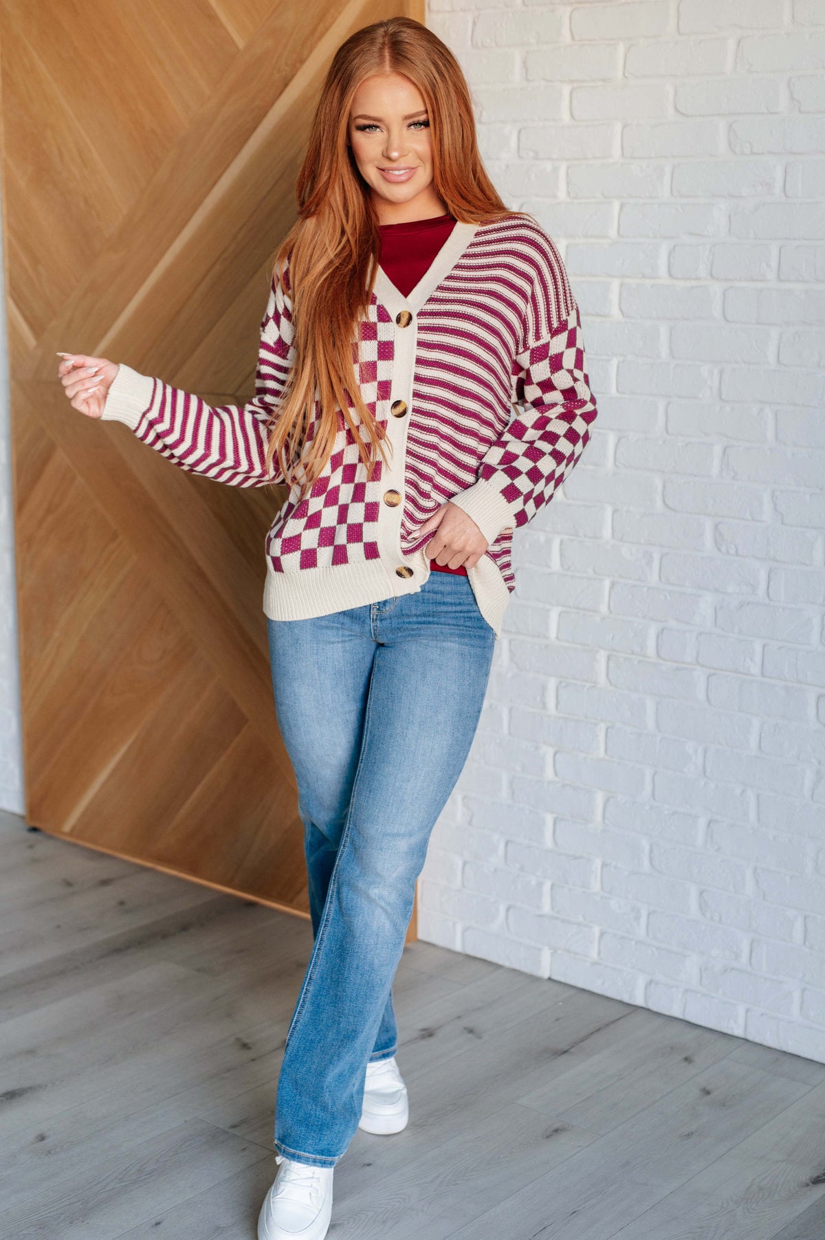 No Brainer Button Down Sweater Knit Cardigan in Magenta/Oatmeal - 12/3/2024