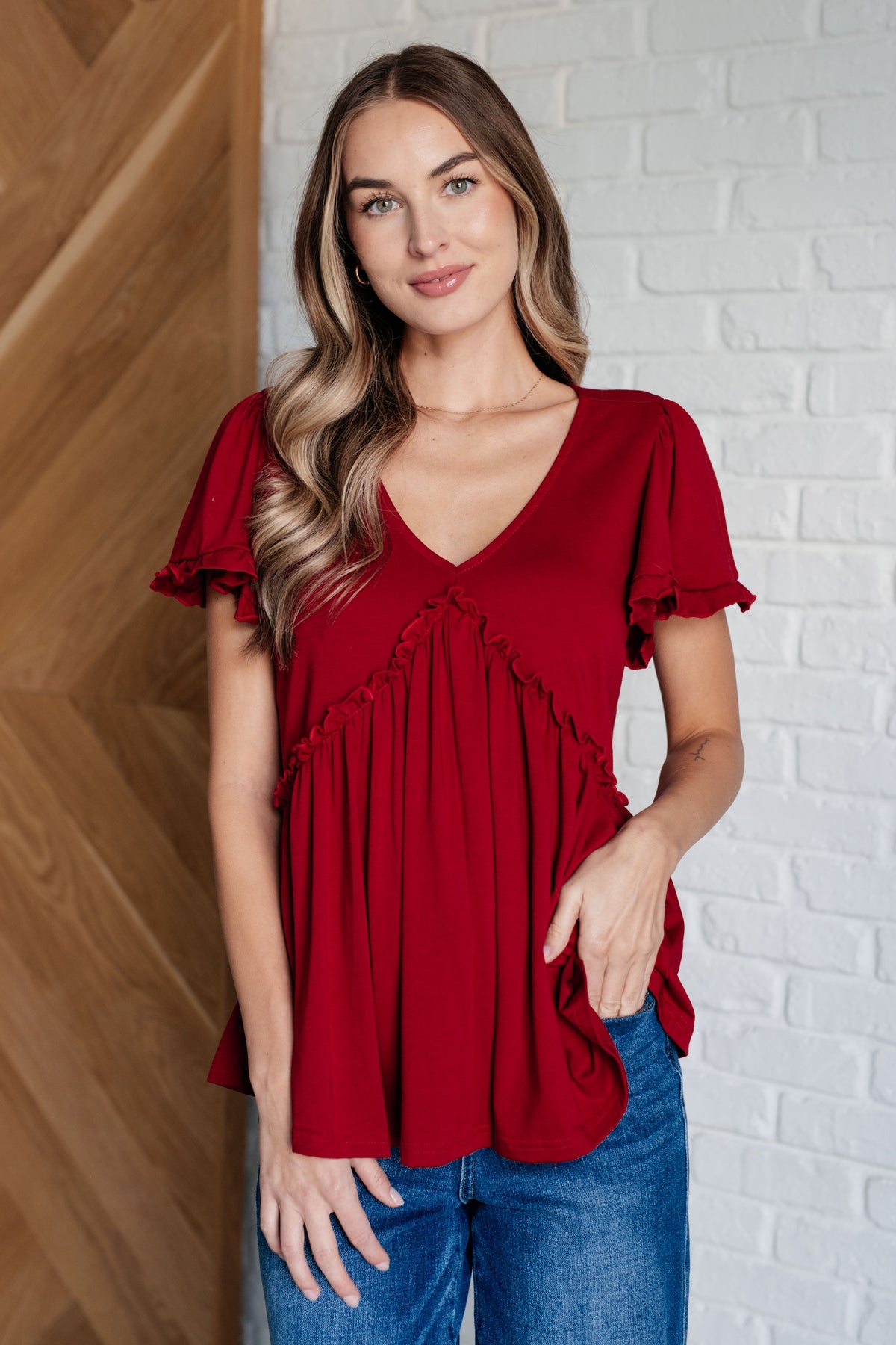 One Day Soon V-Neck Ruffle Detail Top - 10/1/2024