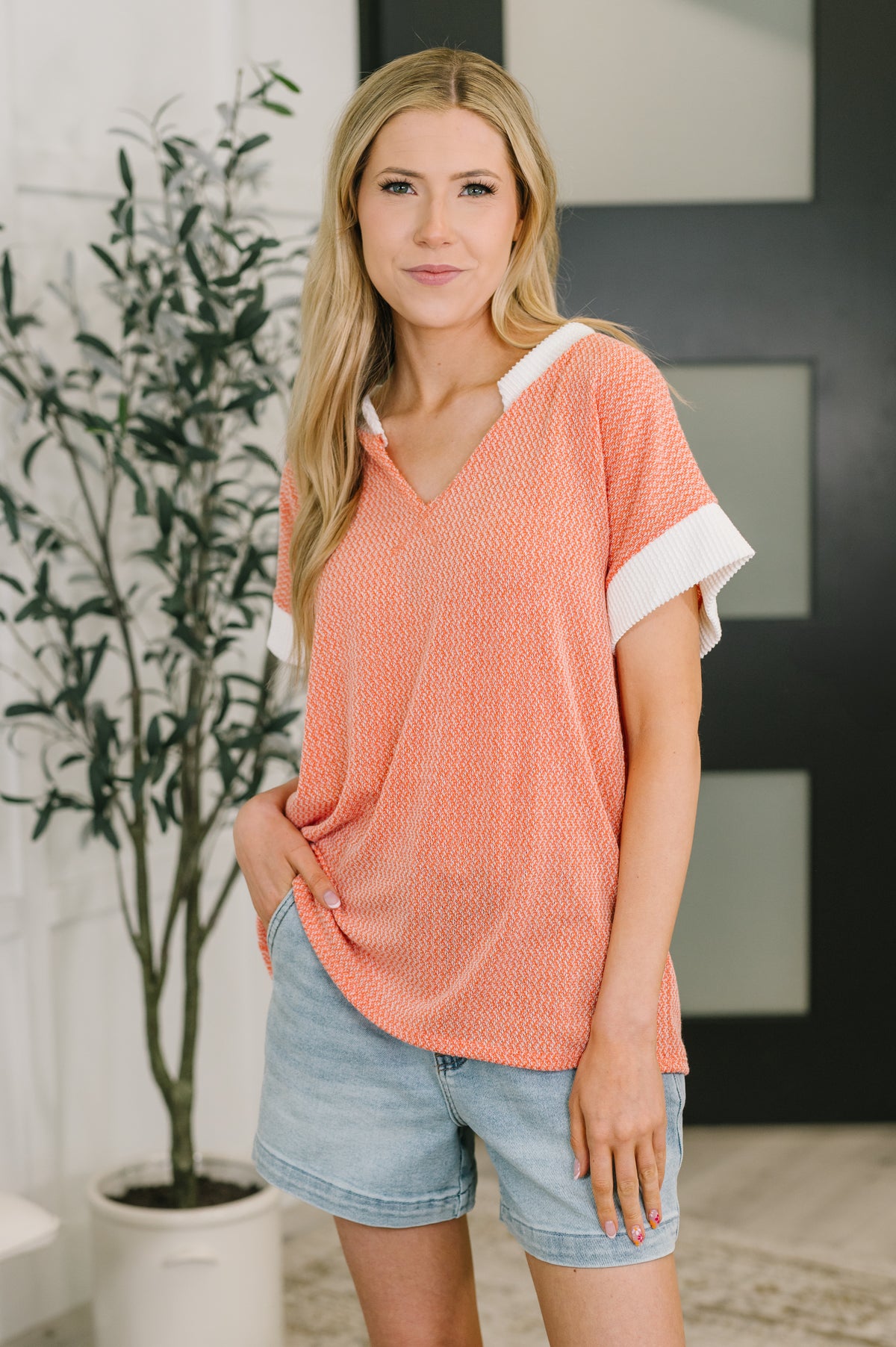 One Piece at a Time V-Neck Short Sleeve Top in Coral - 3/31/2026