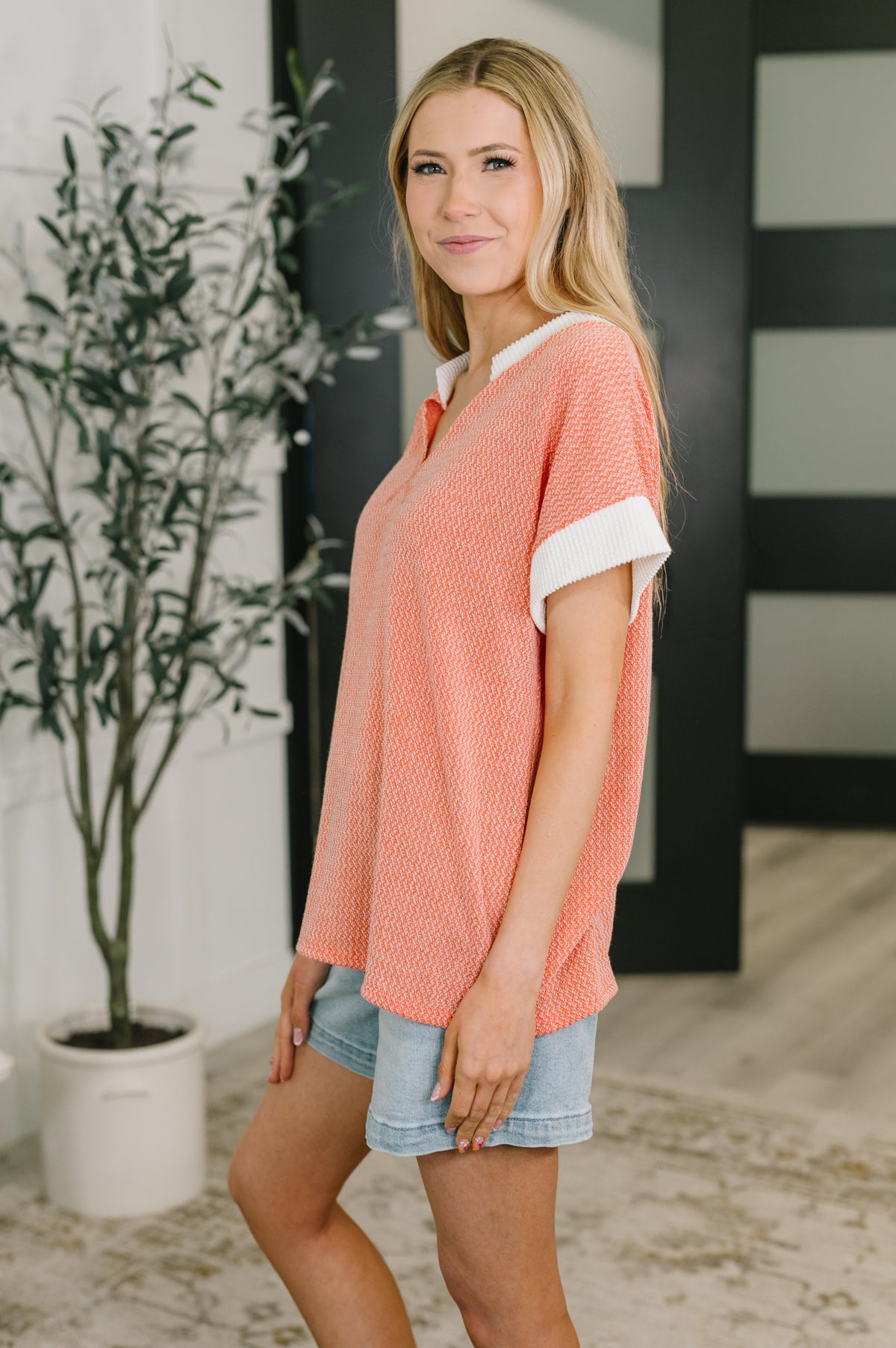 One Piece at a Time V-Neck Short Sleeve Top in Coral - 3/31/2026