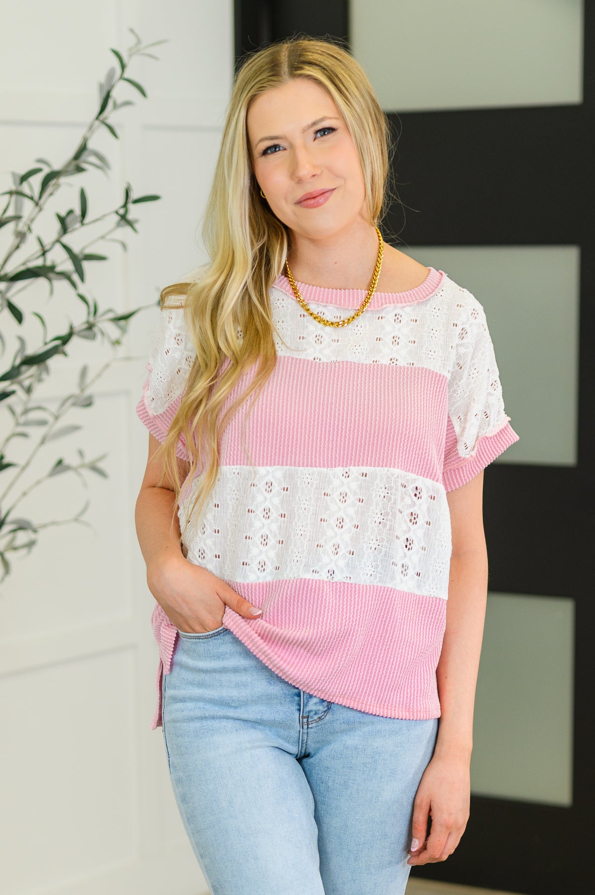 Parlour Picnic Color Block Knit Top in Pink - 5/27/2025 NEW