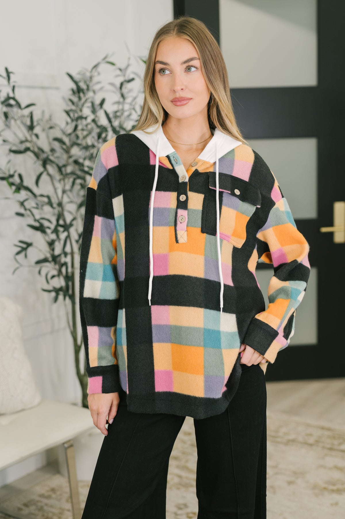 Perfectly Plaid Hooded Henley Top - 10/30/2026