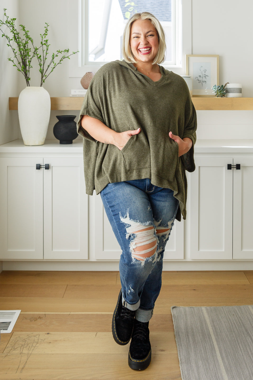 Perfectly Poised Hooded Poncho in Olive - 12/5/2024