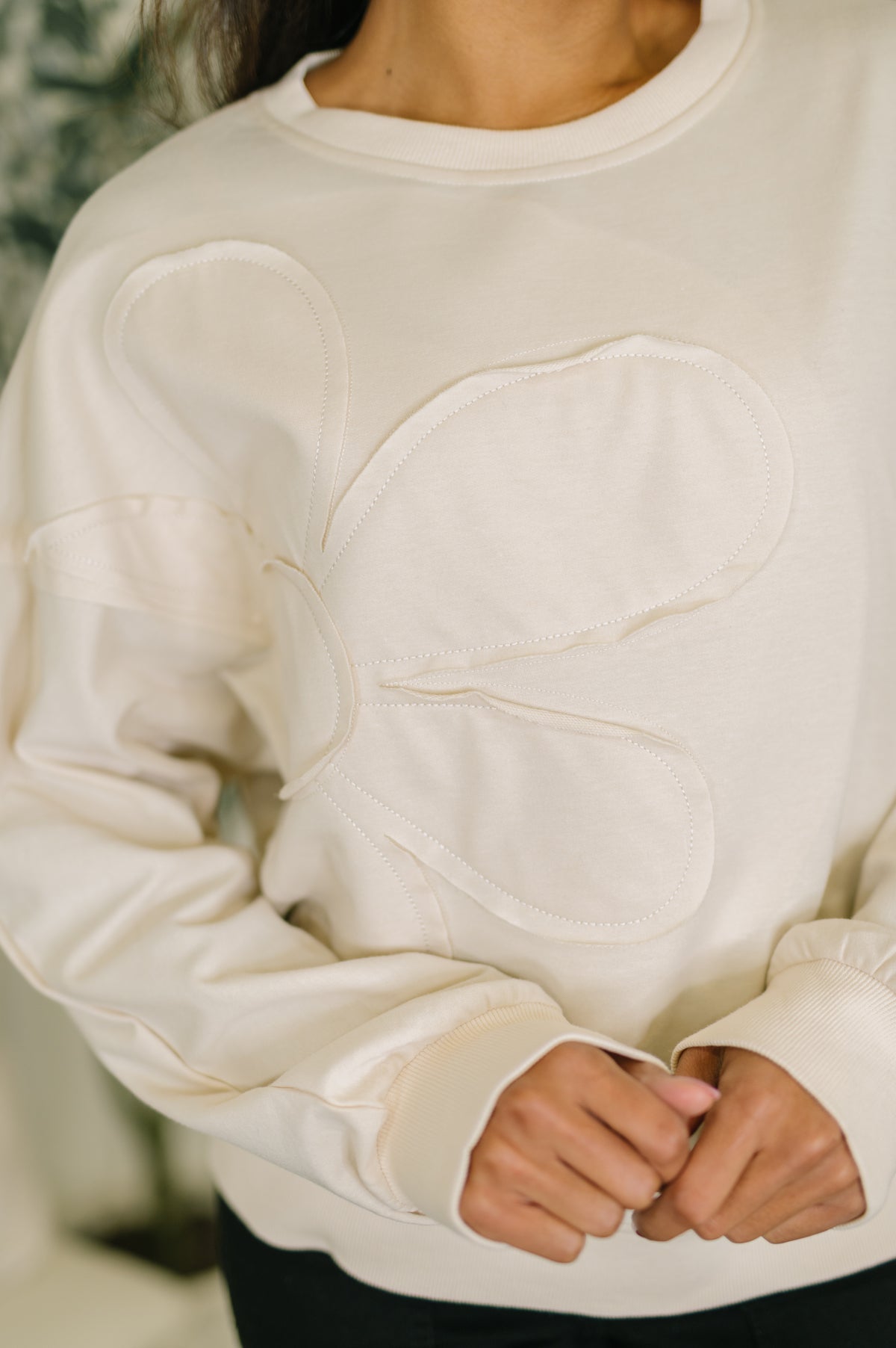 Petal Poise Floral Applique Pullover in Ivy - 1/16/2026