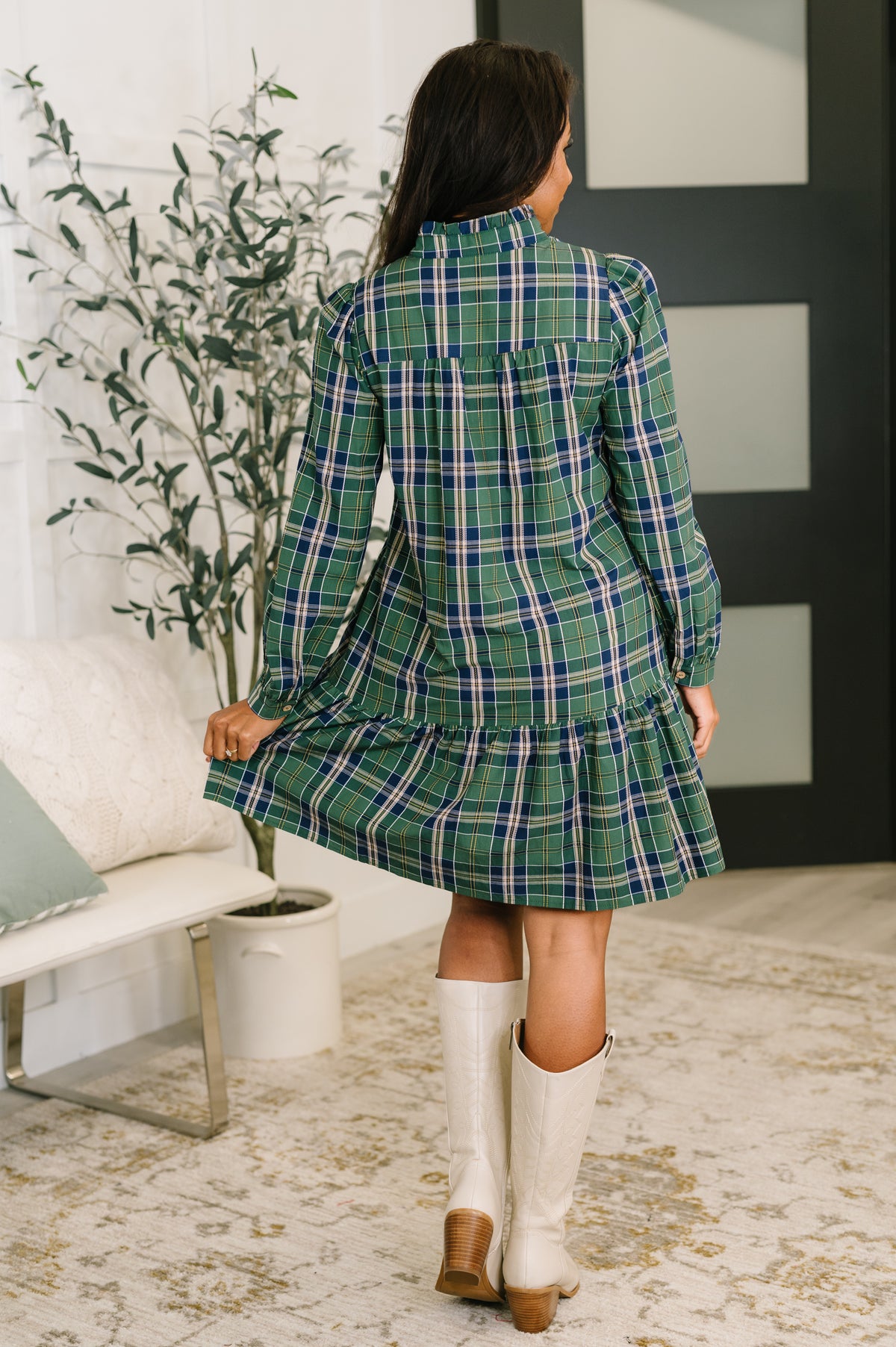 Plaid Perspective Split Neck Long Sleeve Dress - 11/25/2025