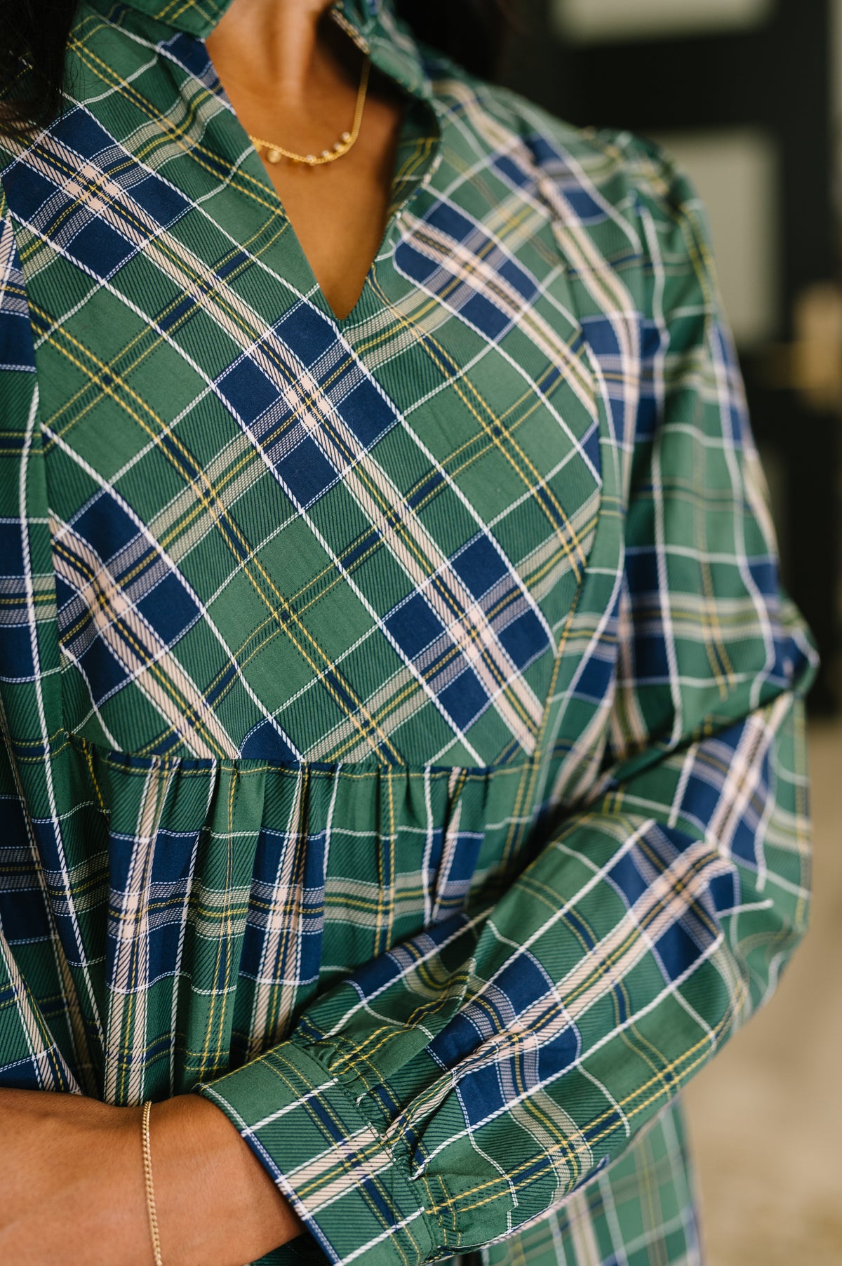 Plaid Perspective Split Neck Long Sleeve Dress - 11/25/2025