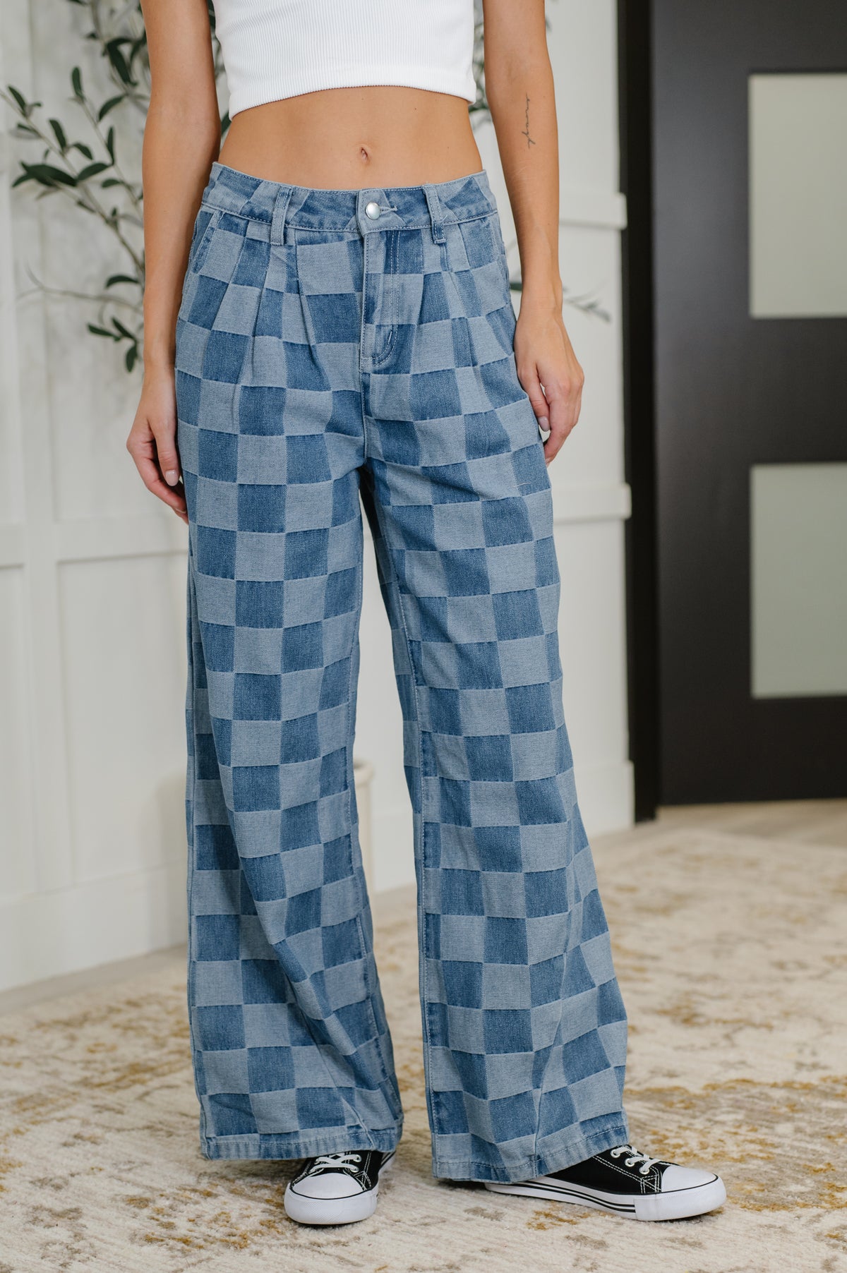 PREORDER: Please Detail Wide Leg Checkered Bottoms - Ships in 4 weeks