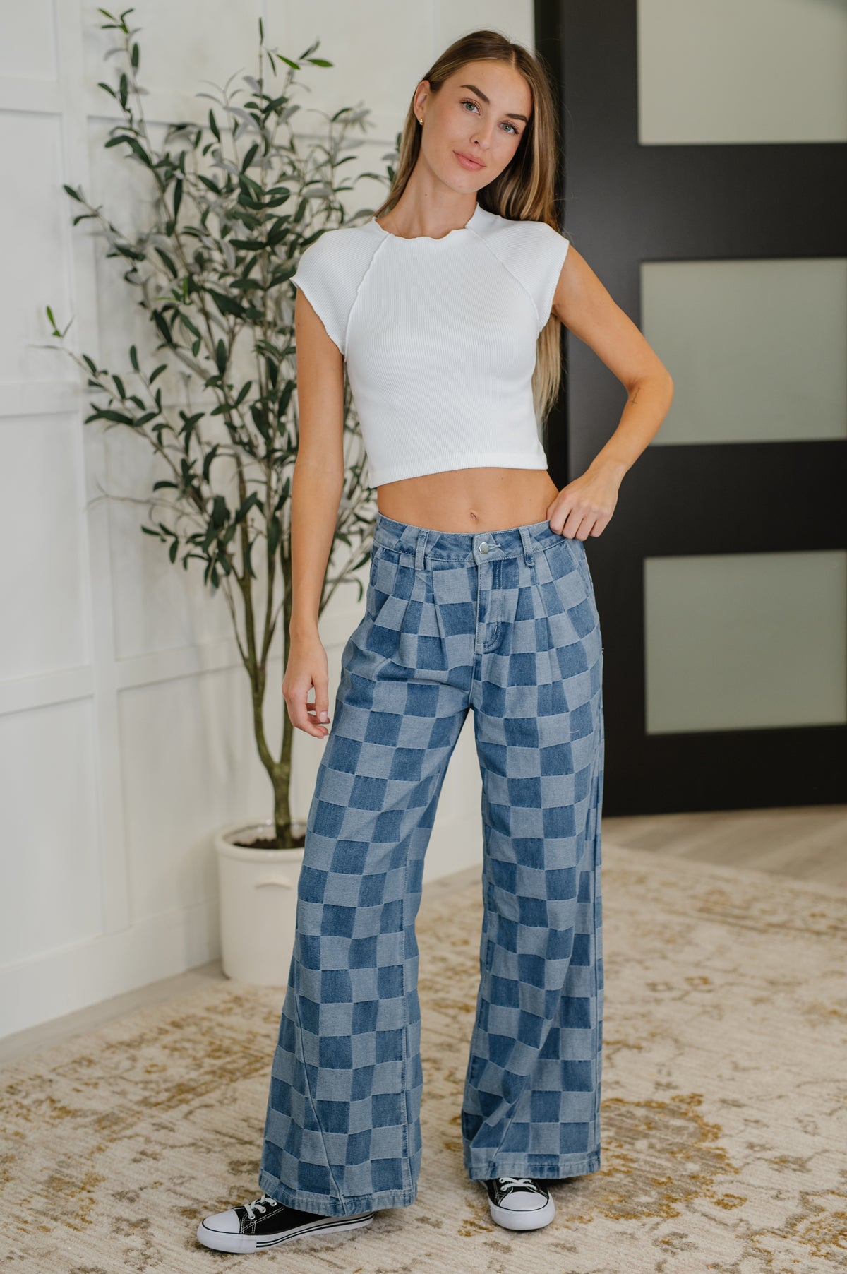 PREORDER: Please Detail Wide Leg Checkered Bottoms - Ships in 4 weeks