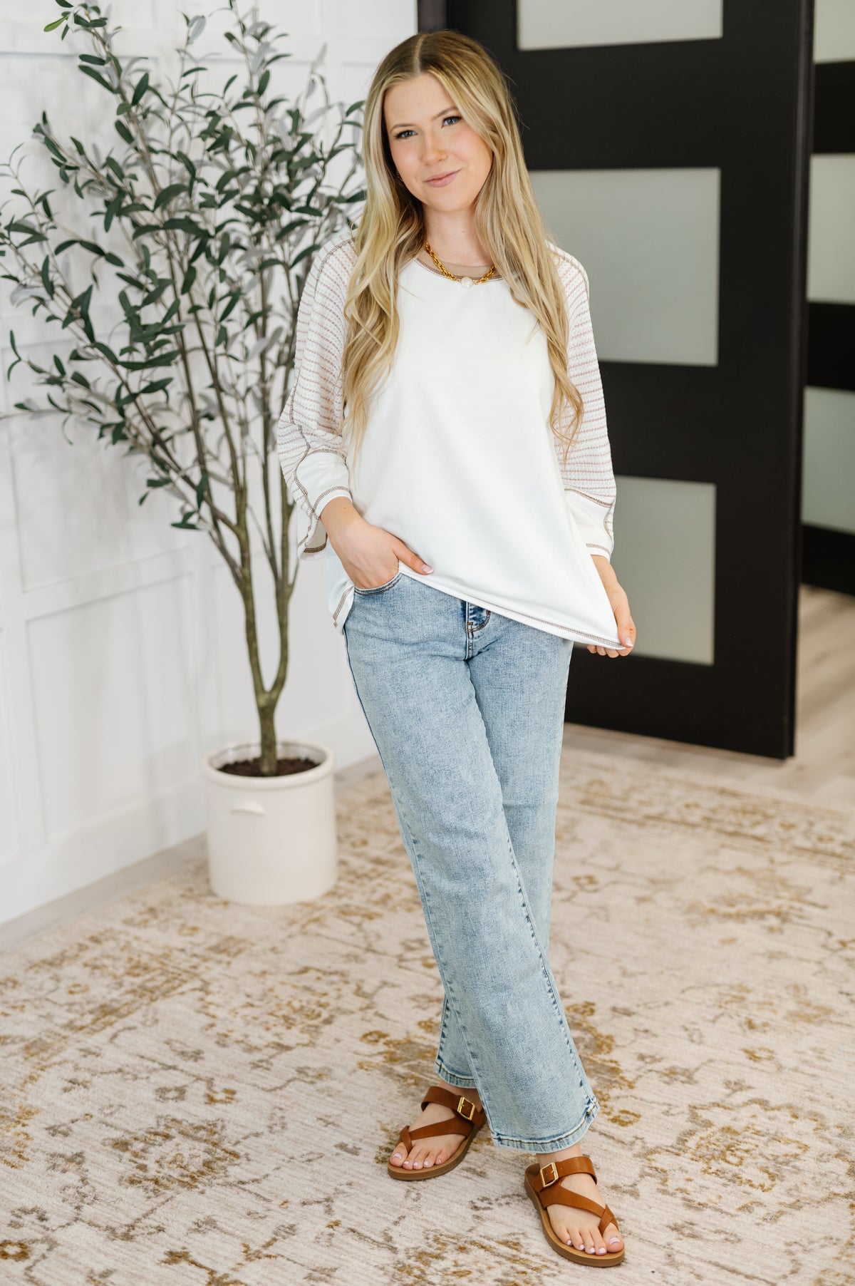 Preoccupied Striped Sleeve Top in Tan - 6/19/2025