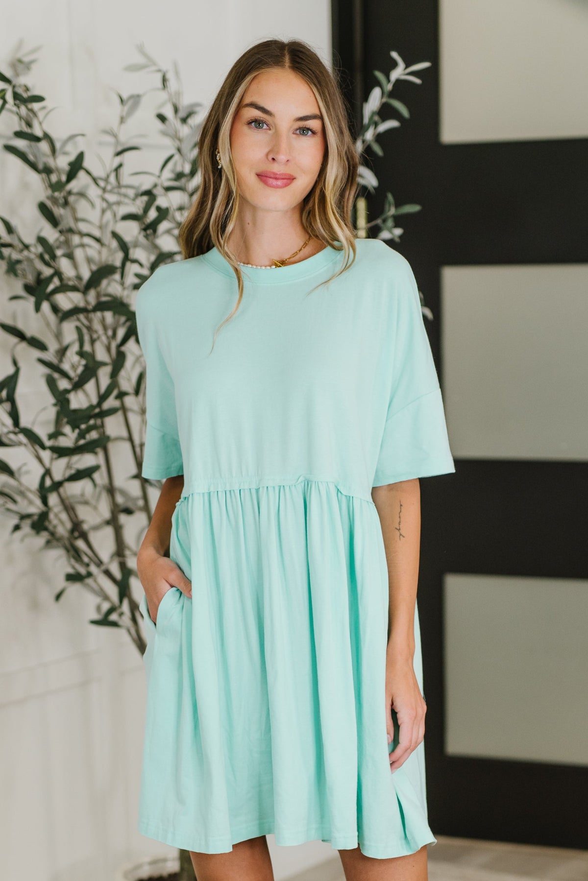 PREORDER: Relaxed Drop Shoulder Dress in Aqua - Ships in 2-3 weeks