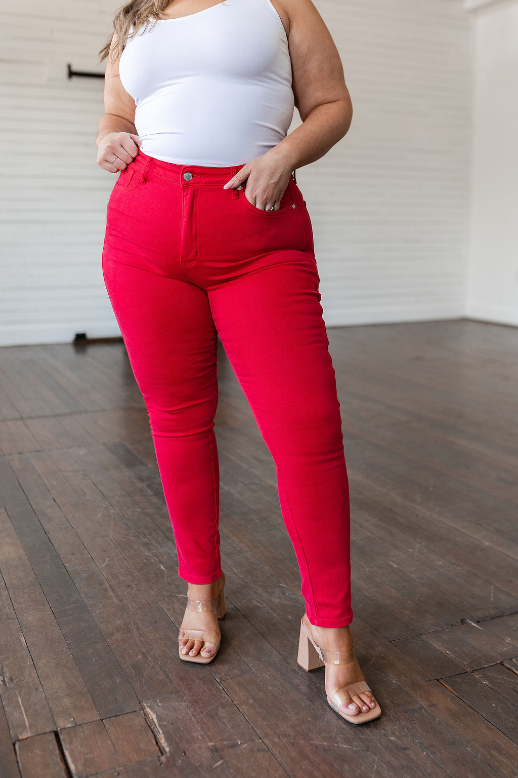 Ruby High Rise Control Top Garment Dyed Skinny Jeans in Red - 6/21/2023