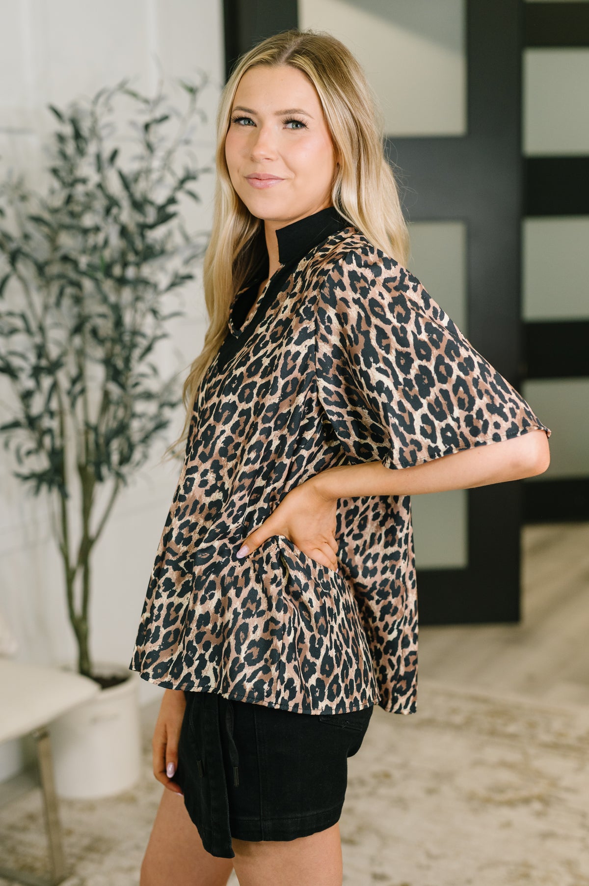 Sassy Season Split Neck Leopard Print Blouse - 8/7/2026