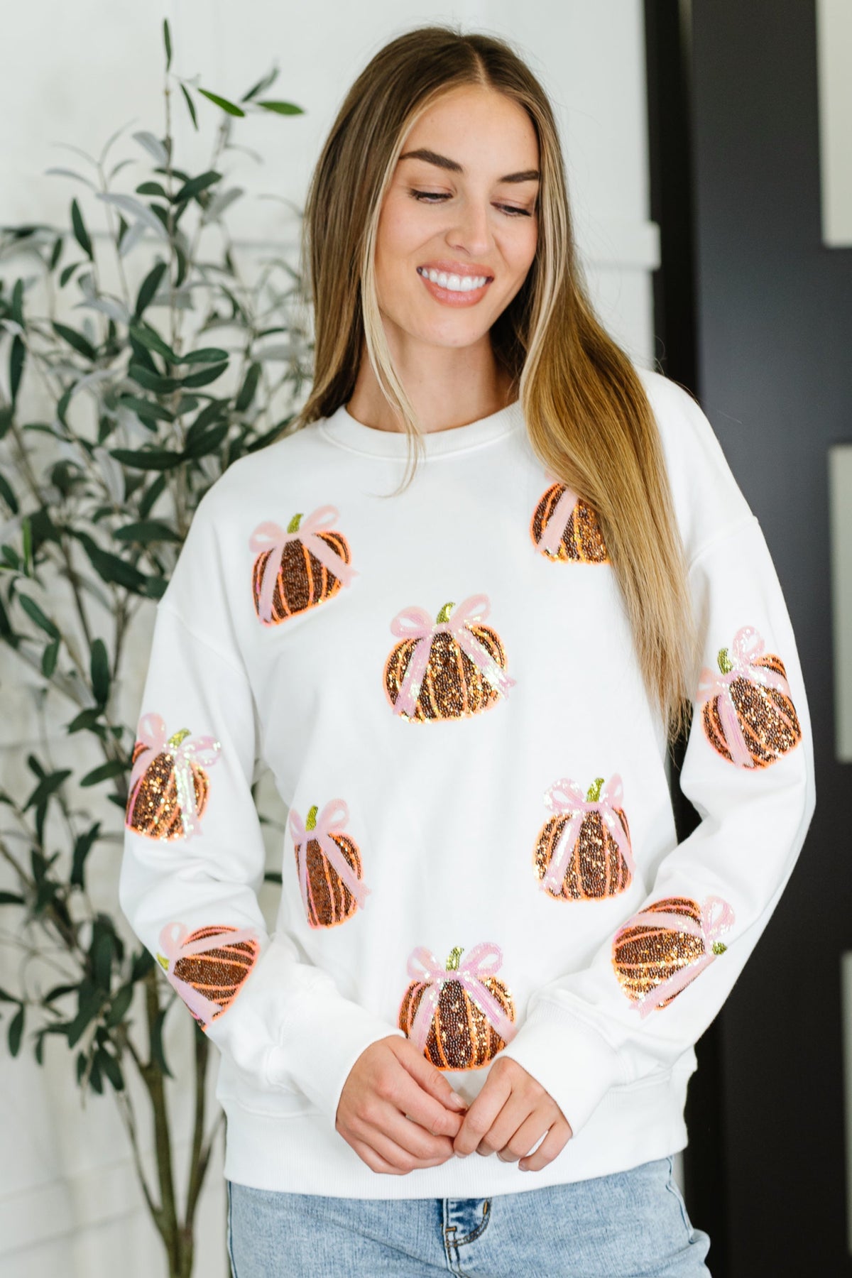 PREORDER: Sequin Pumpkin Bow Pullover - Ships in 4 weeks