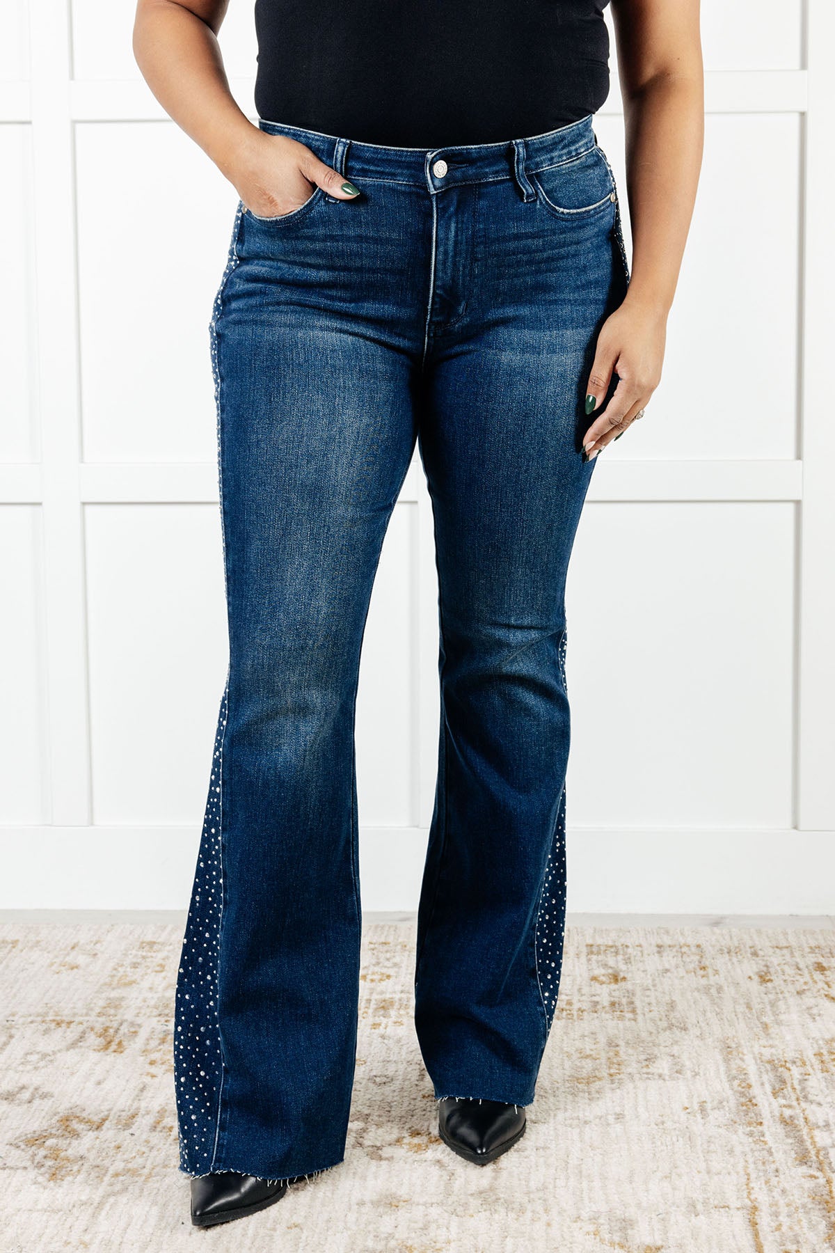 Shannon Mid Rise Rhinestone Detail Flare Jeans - 12/26/2024