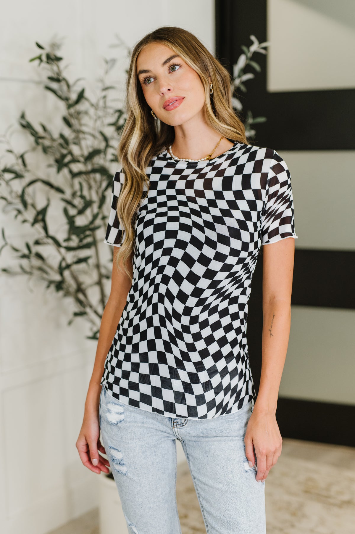 PREORDER: Sheer Checkered Layering Short Sleeve Top - Ships in 2-3 weeks