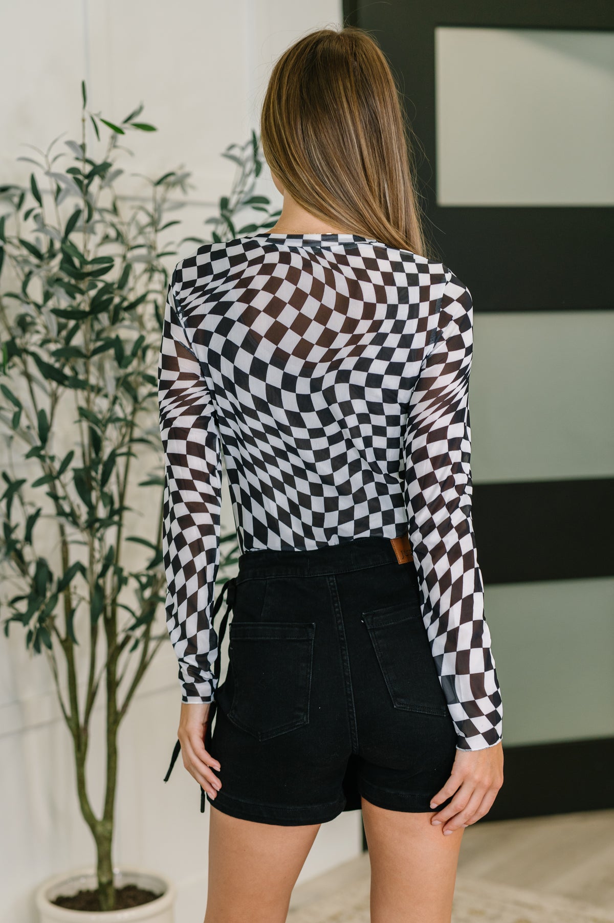 PREORDER: Sheer Long Sleeve Checkered Layering Top in Three Colors - Ships in 4 weeks