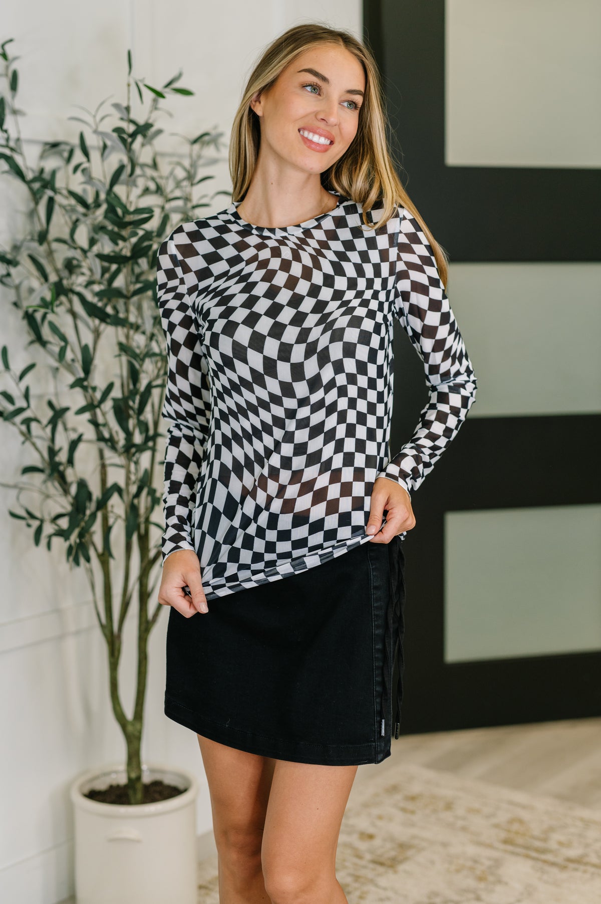 PREORDER: Sheer Long Sleeve Checkered Layering Top in Three Colors - Ships in 4 weeks