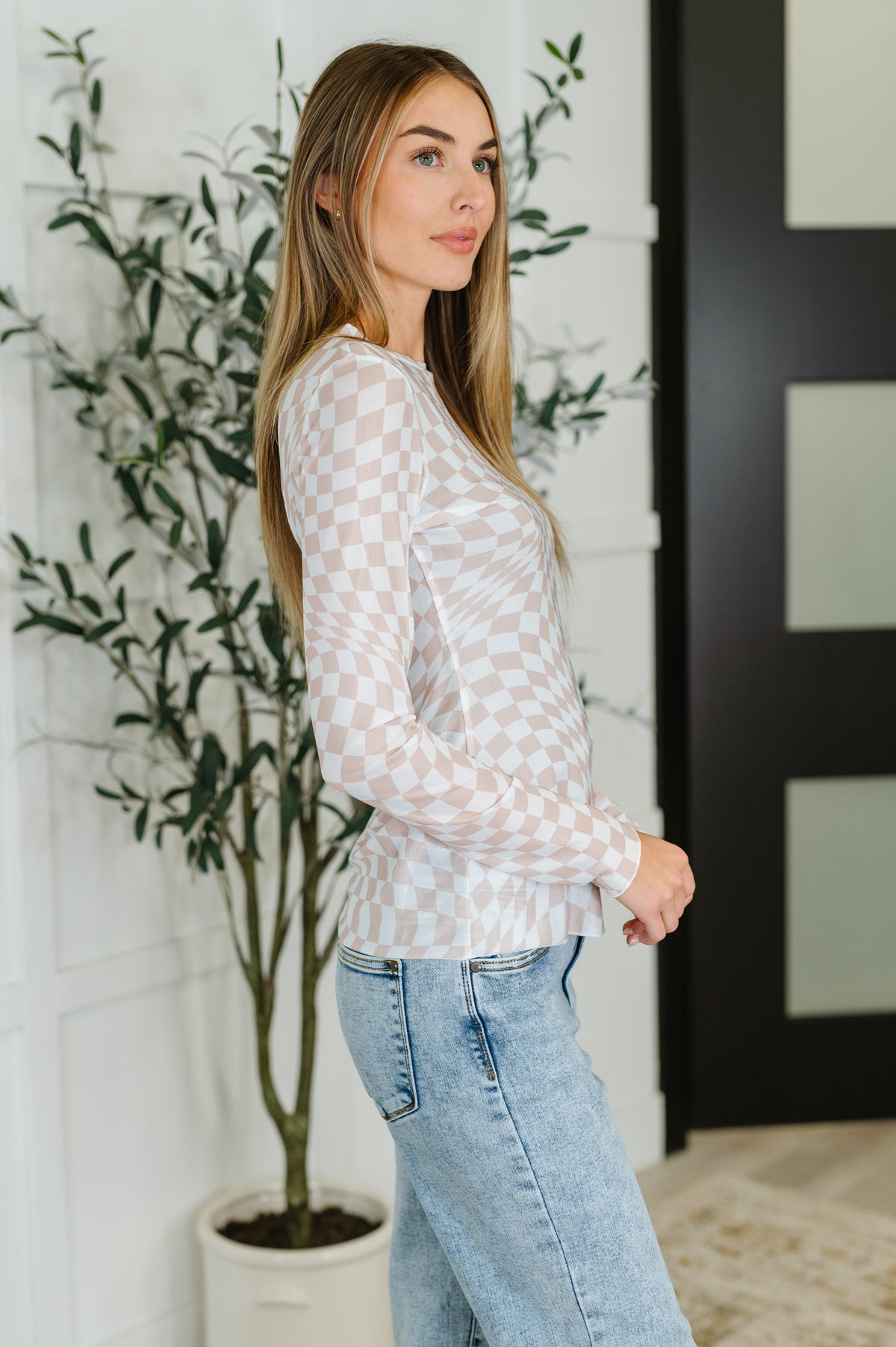PREORDER: Sheer Long Sleeve Checkered Layering Top in Three Colors - Ships in 4 weeks