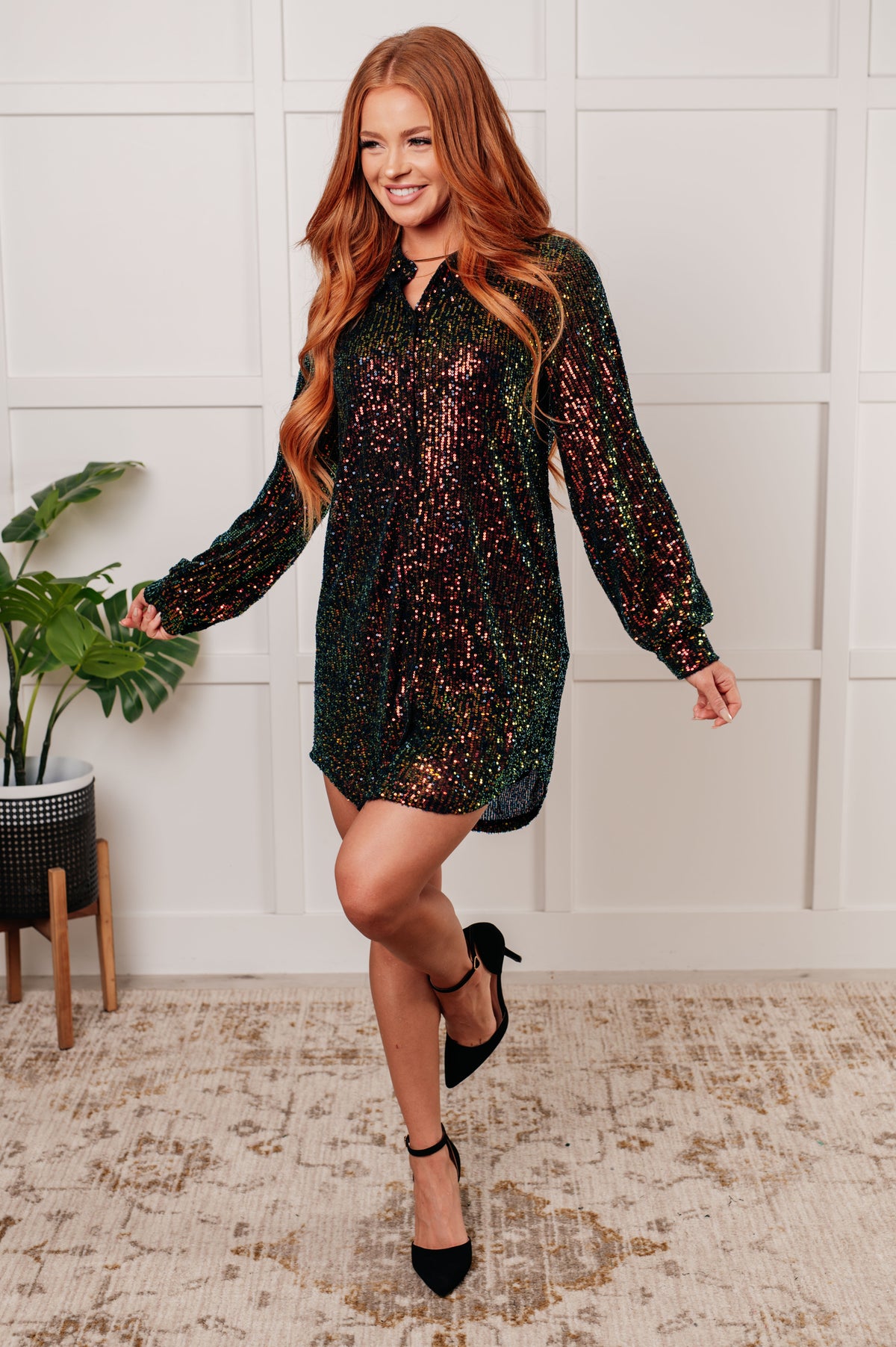 Shimmering Splendor Sequin Shirt Dress - 11/7/2024