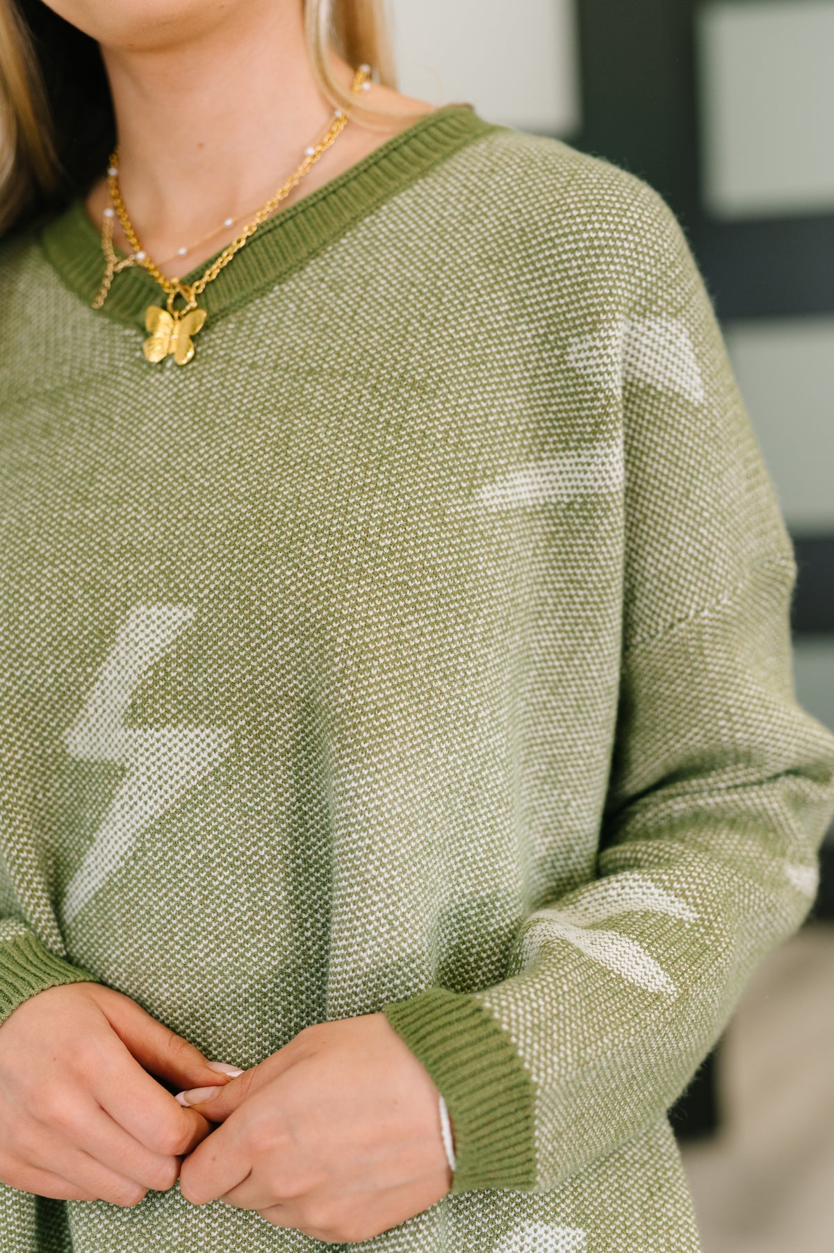 Shock Value V-Neck Sweater in Olive - 10/31/2025