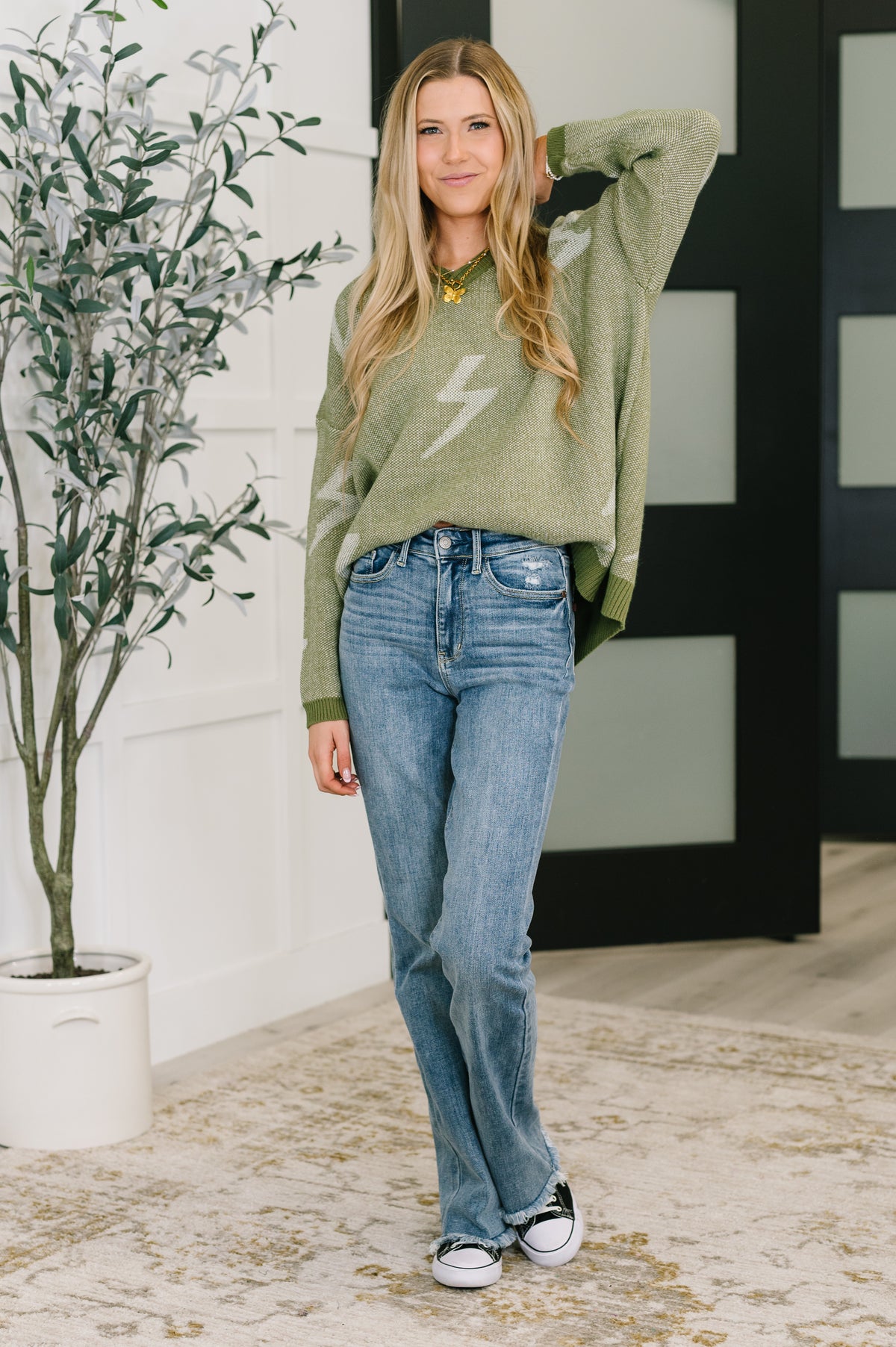 Shock Value V-Neck Sweater in Olive - 10/31/2025