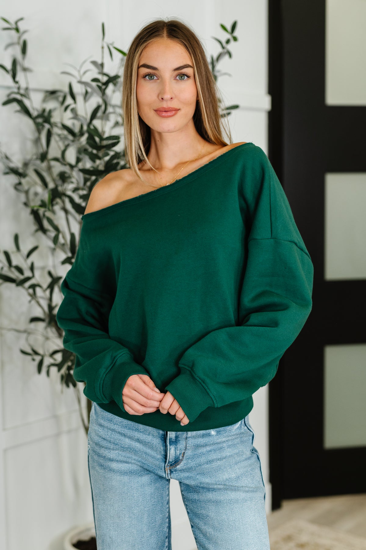 Side Hustle Off Shoulder Long Sleeve Top in  Hunter Green - 8/1/2025 NEW