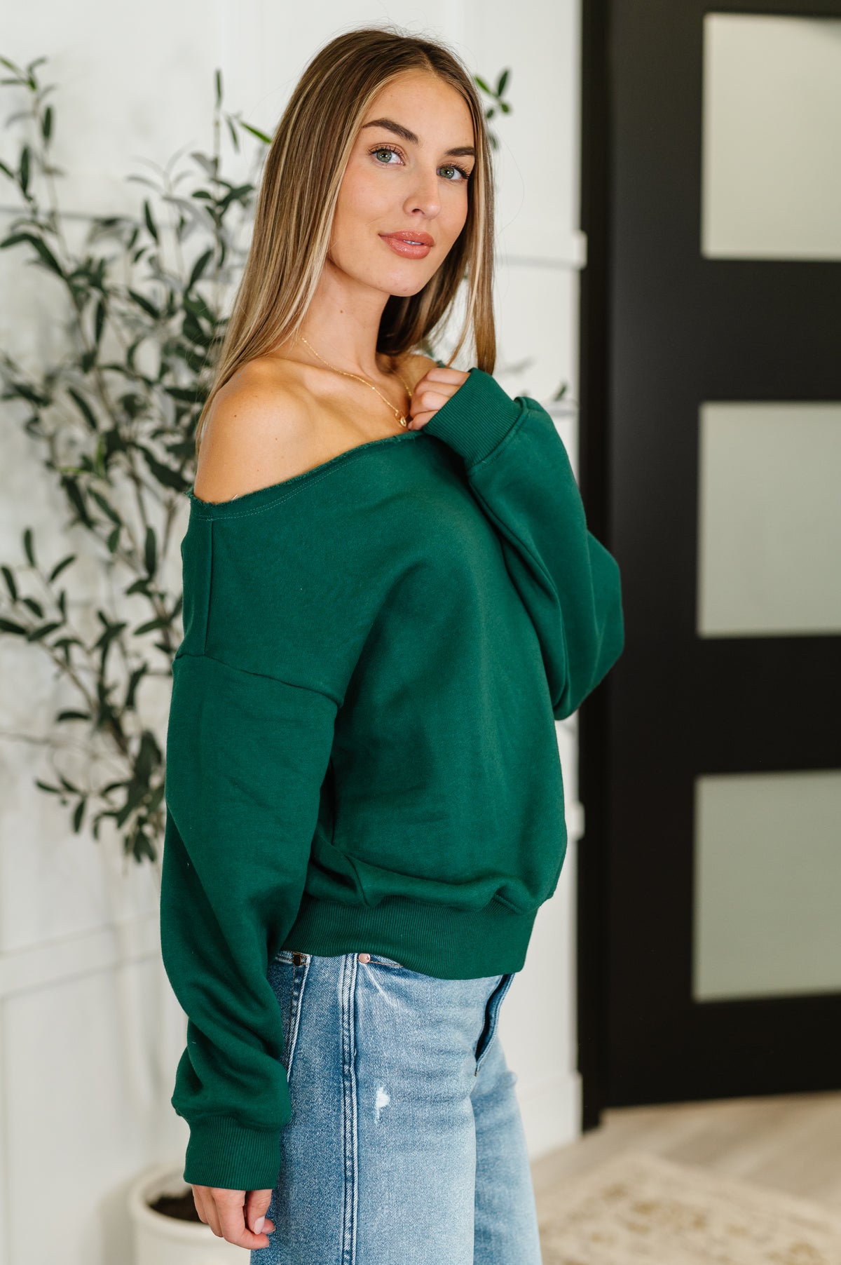 Side Hustle Off Shoulder Long Sleeve Top in  Hunter Green - 8/1/2025 NEW