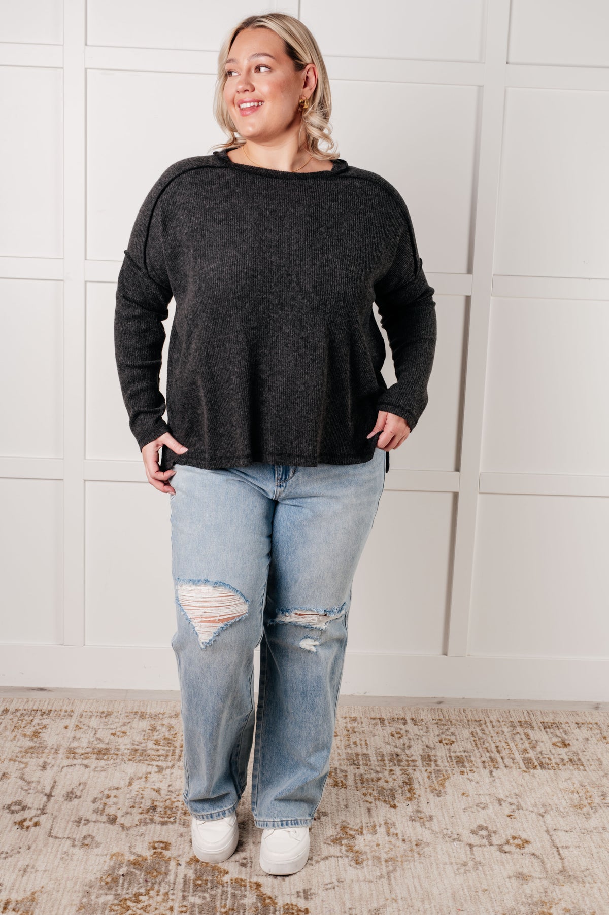 Simply Basic Ribbed Hacci Sweater in Black - 1/22/2025