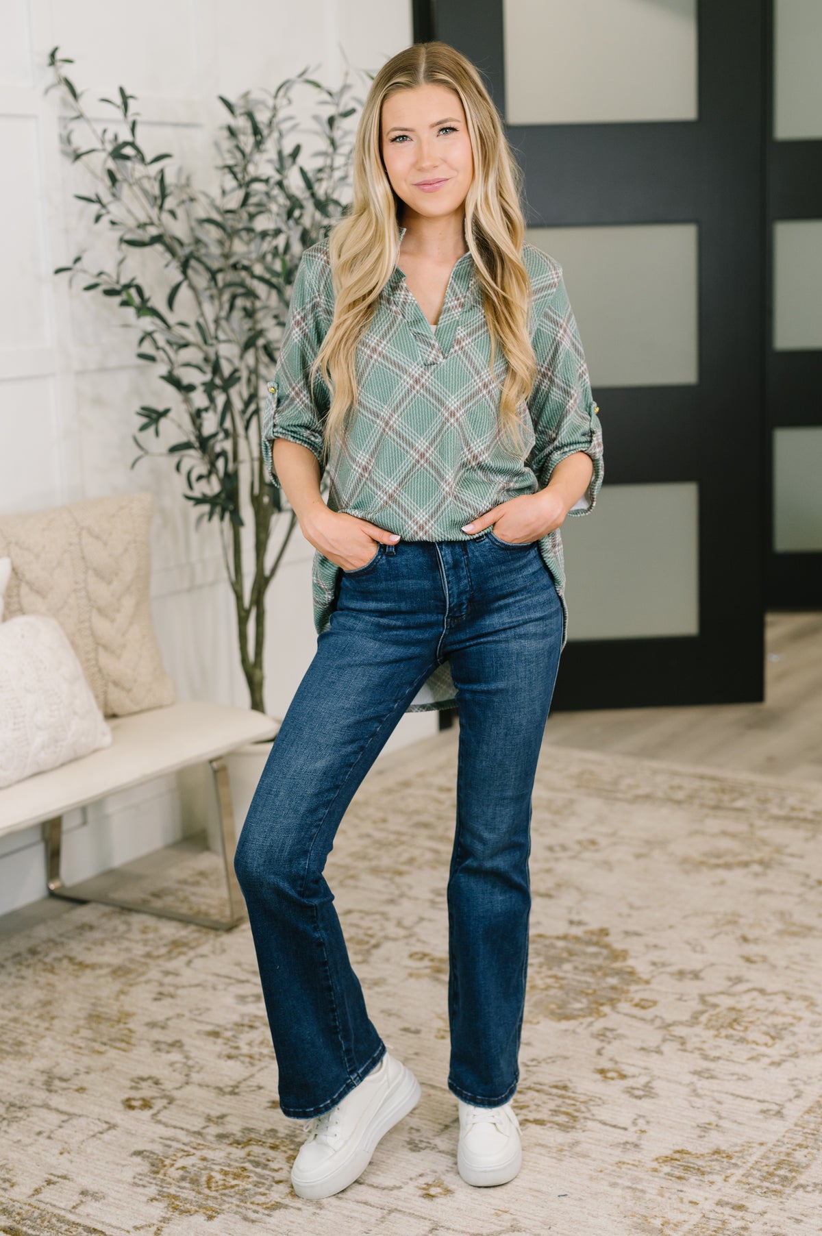 So It Goes Split Neck Plaid Top - 8/21/2026