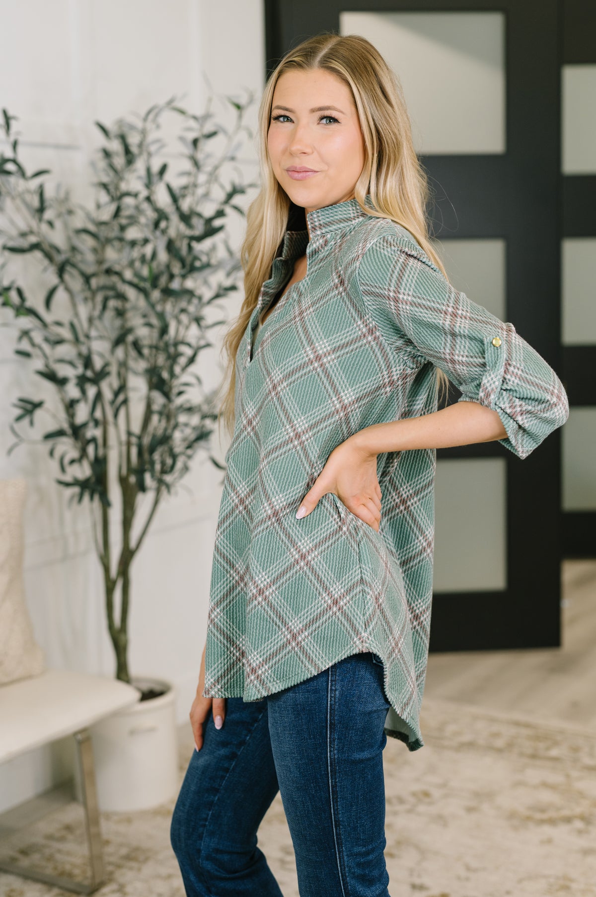 So It Goes Split Neck Plaid Top - 8/21/2026