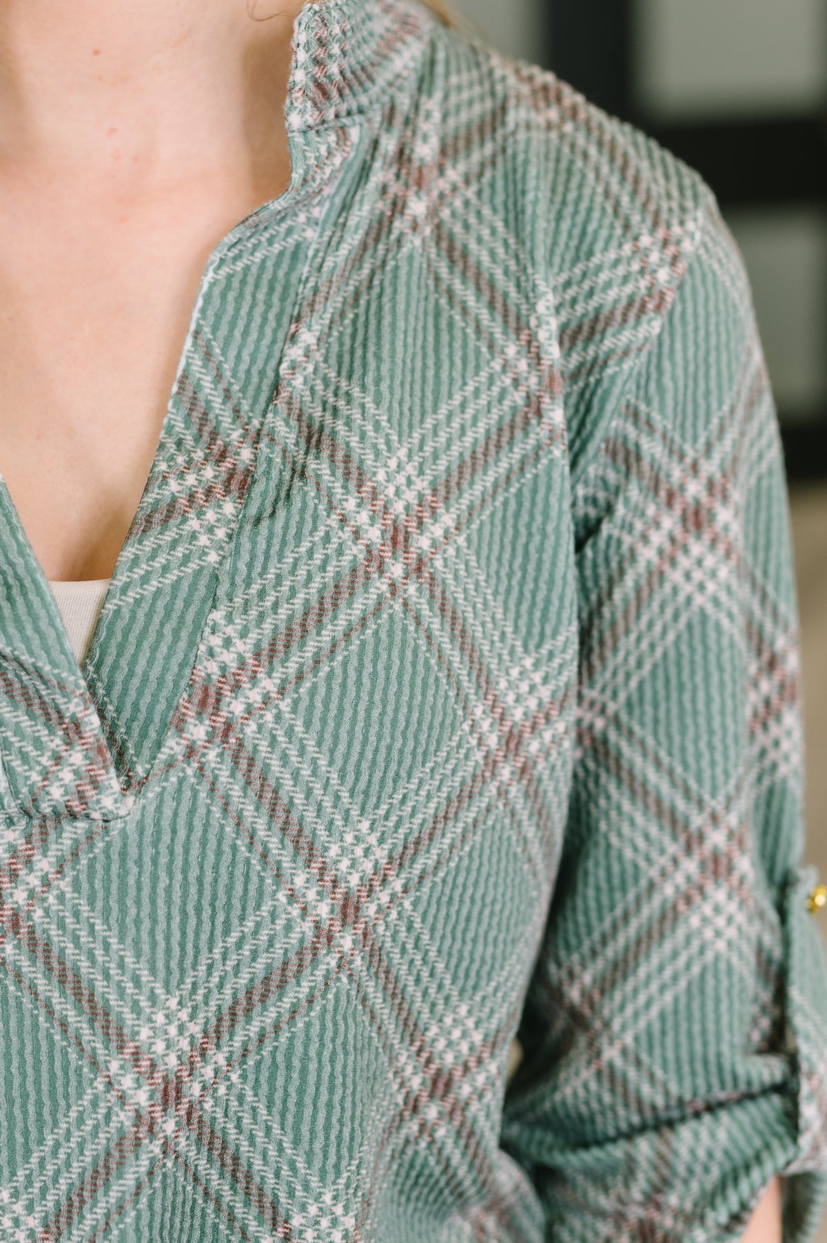 So It Goes Split Neck Plaid Top - 8/21/2026