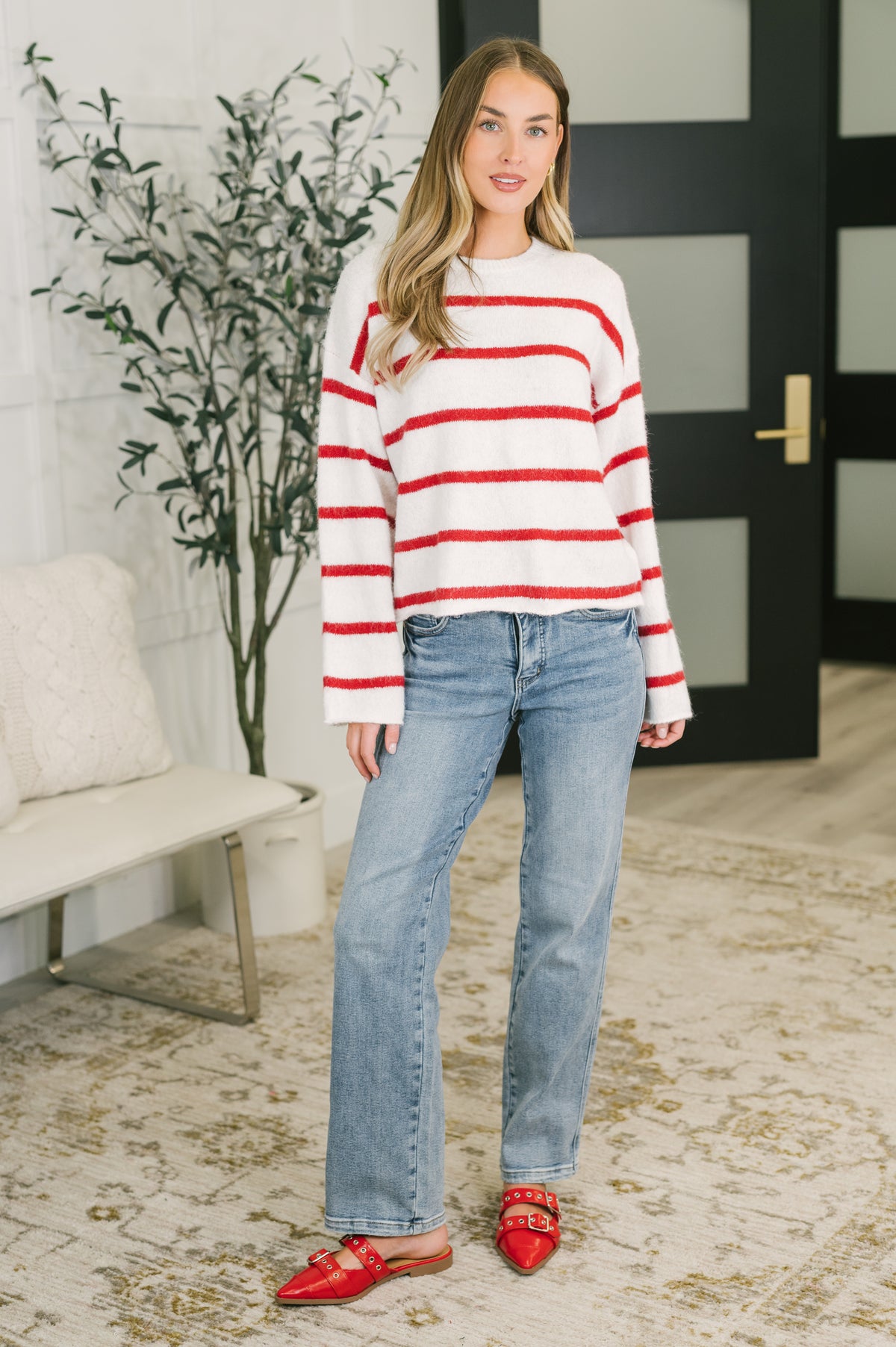 Softly Secure Drop Shoulder Sweater in Red and White - 10/20/2026