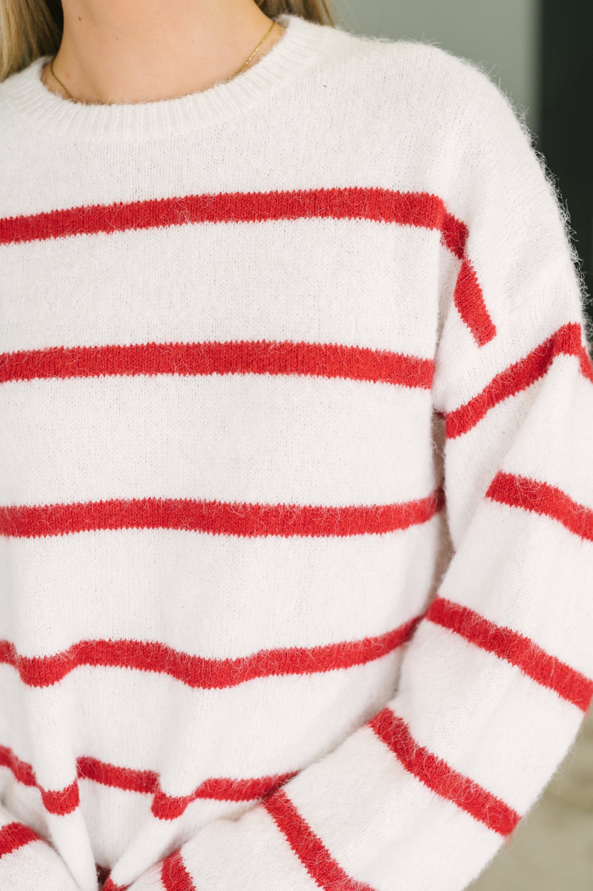 Softly Secure Drop Shoulder Sweater in Red and White - 10/20/2026